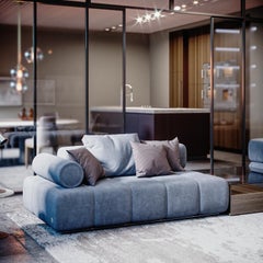 Contemporary Modular Sofa Settee in Velvet Blue Marine with metal base