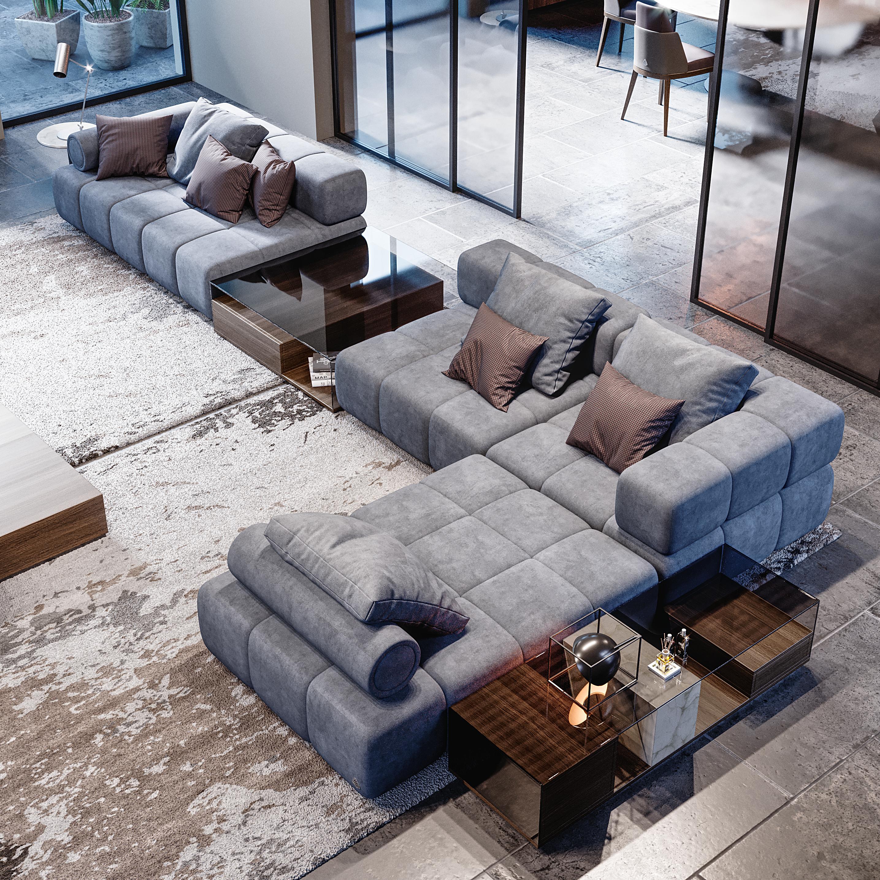 Modern Contemporary Modular Sofa Settee in Velvet Blue Marine with metal base For Sale