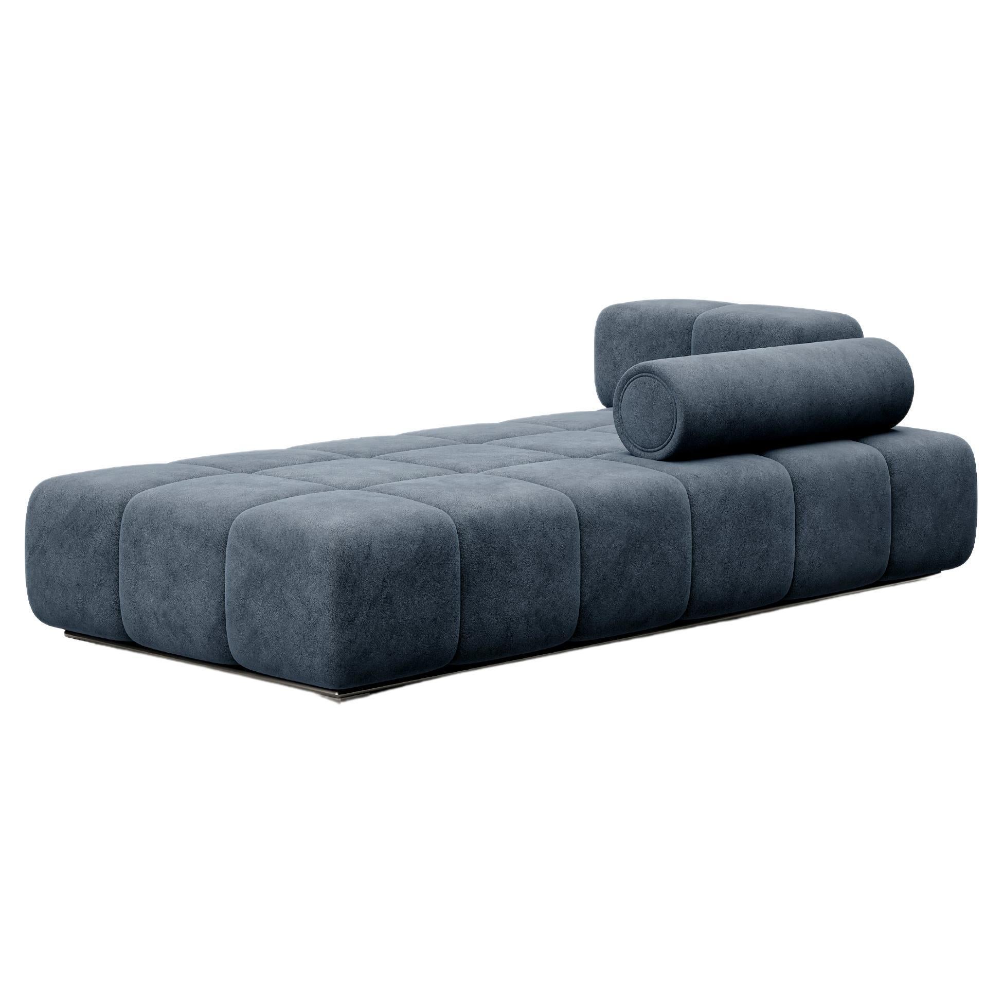 Contemporary Modular Sofa Settee in Velvet Blue Marine with metal base For Sale