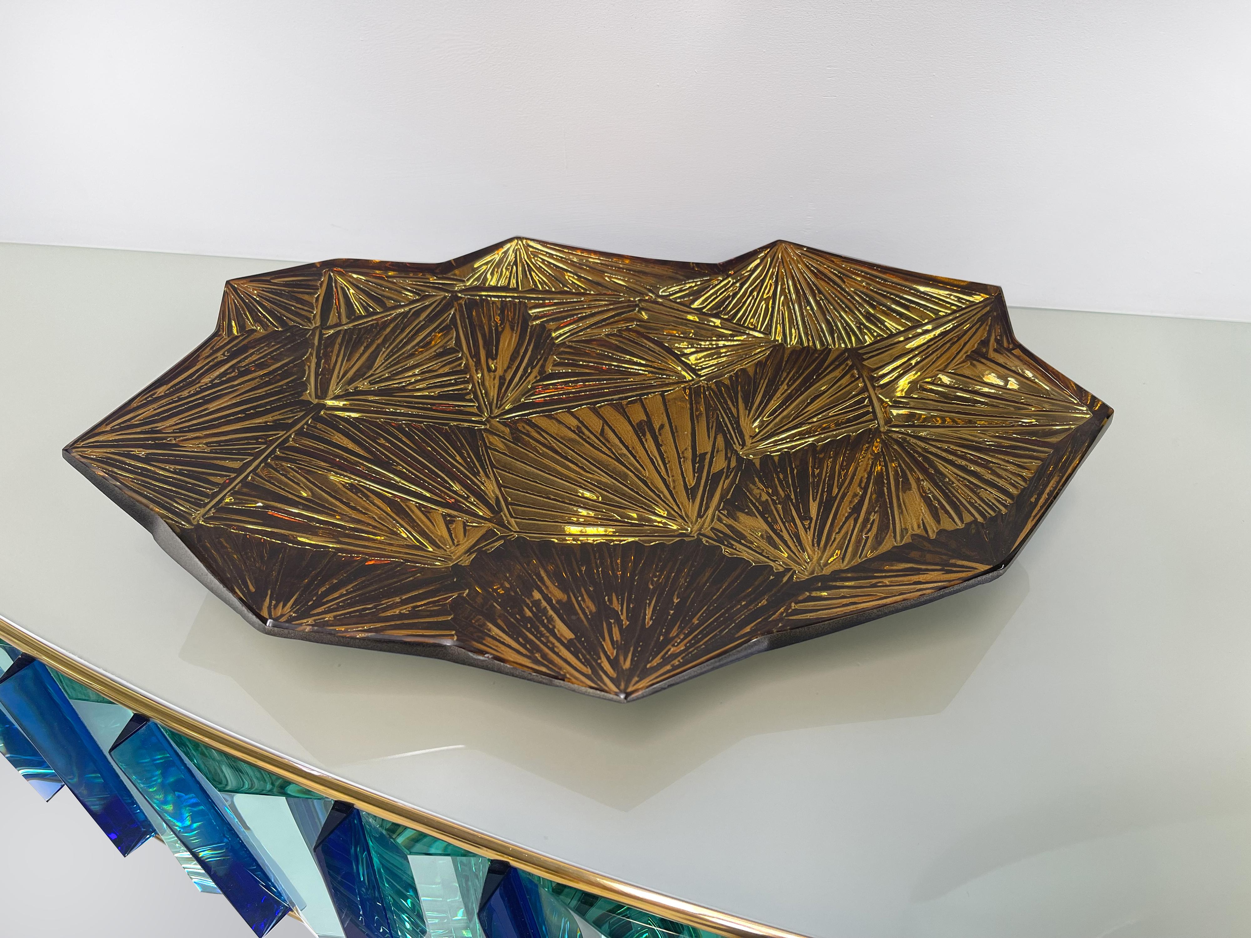 Italian Contemporary 'Amber' Artistic Bowl Amber and Gold Crystal by Ghirò Studio For Sale