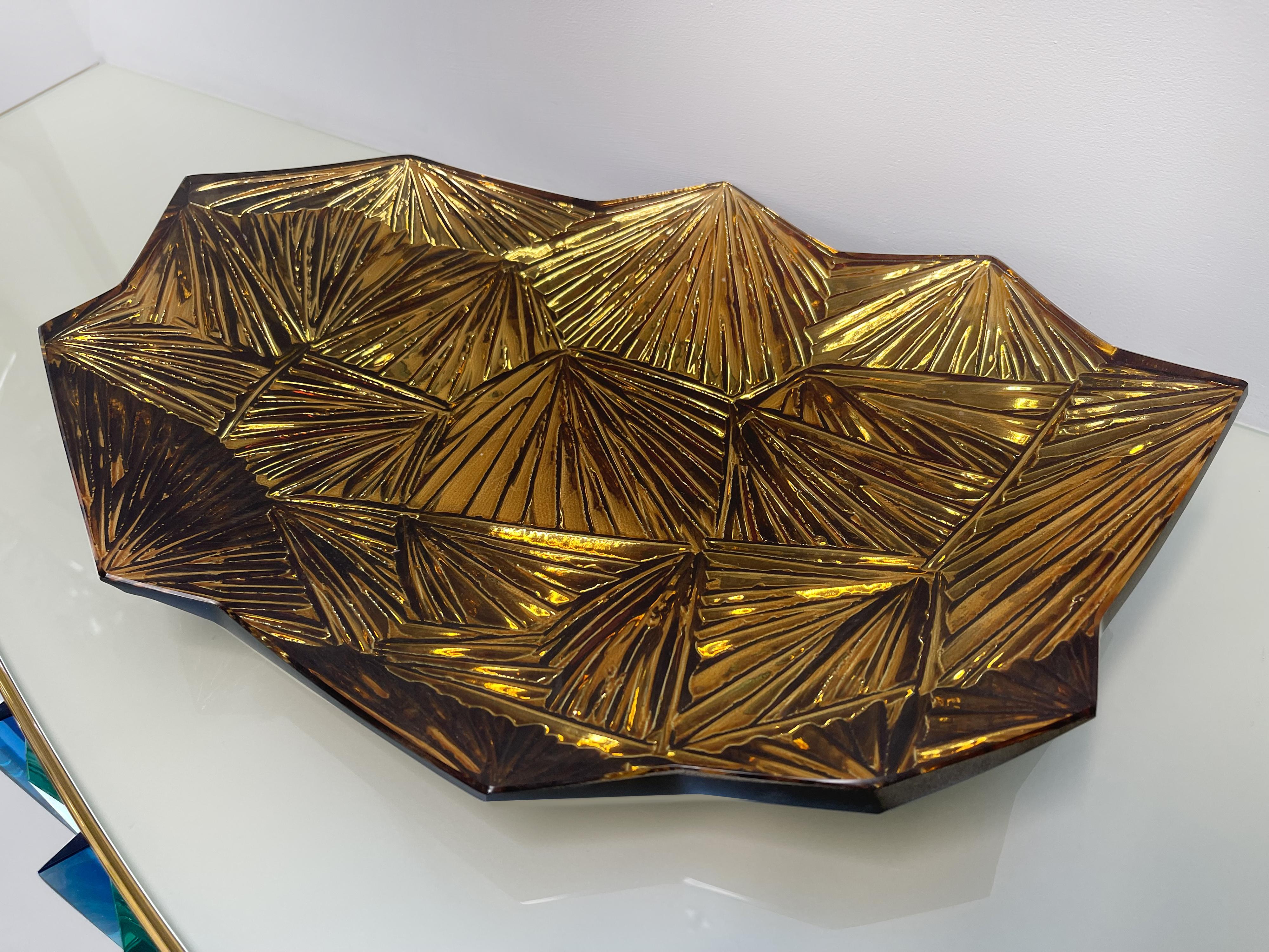 Contemporary 'Amber' Artistic Bowl Amber and Gold Crystal by Ghirò Studio In New Condition For Sale In Pieve Emanuele, Milano