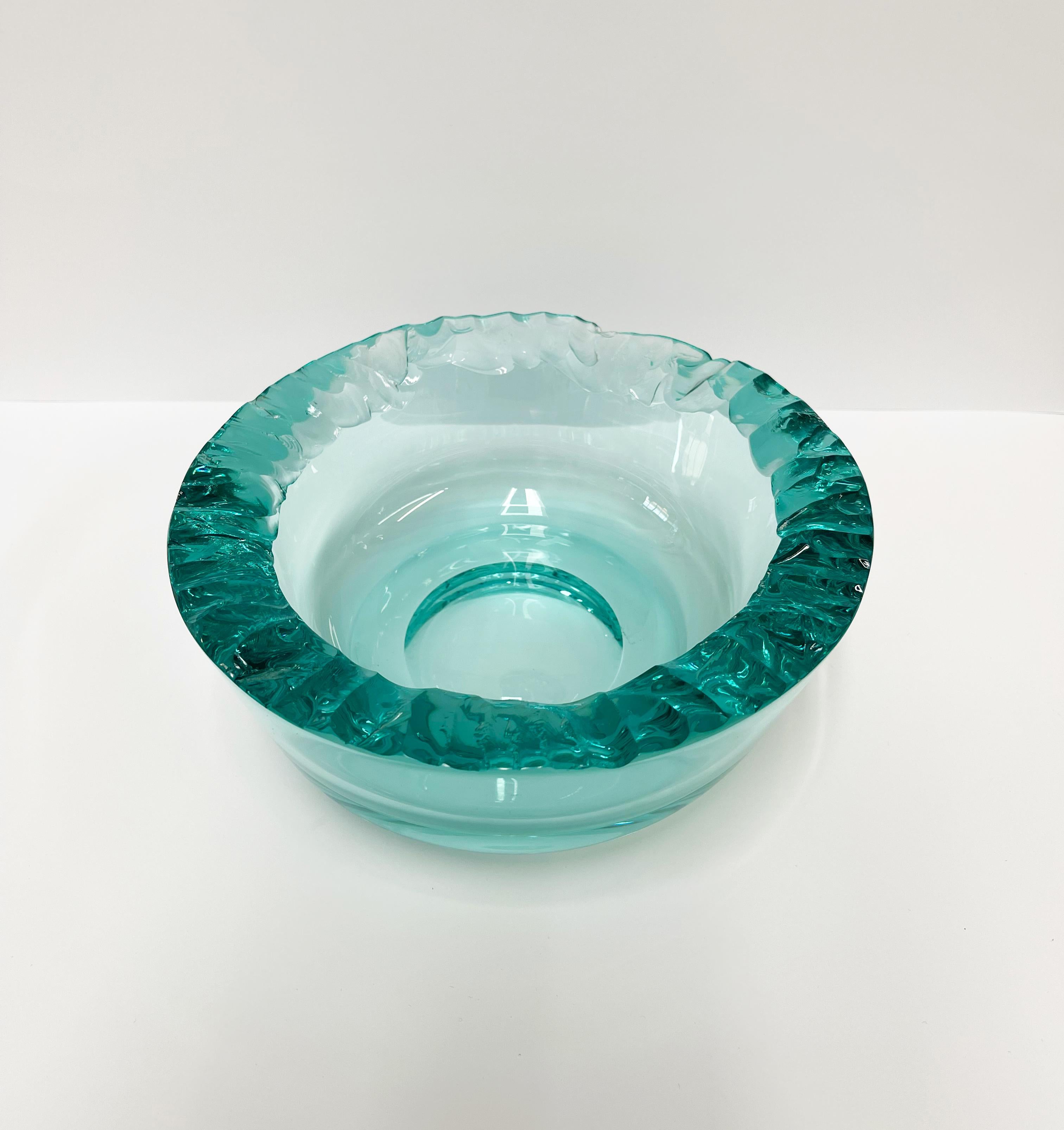Glass Contemporary Artistic Bowl Hand Crafted Aquamarine Crystal by Ghirò Studio For Sale
