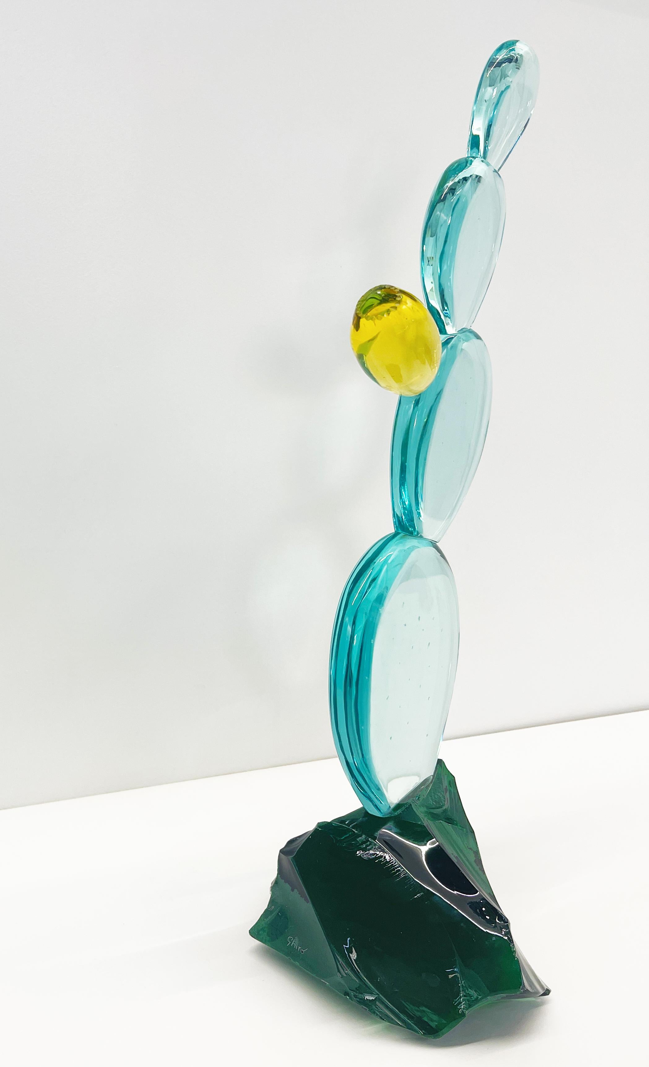 Glass Contemporary 'Cactus with Flower' Handmade Crystal Sculpture by Ghirò Studio For Sale