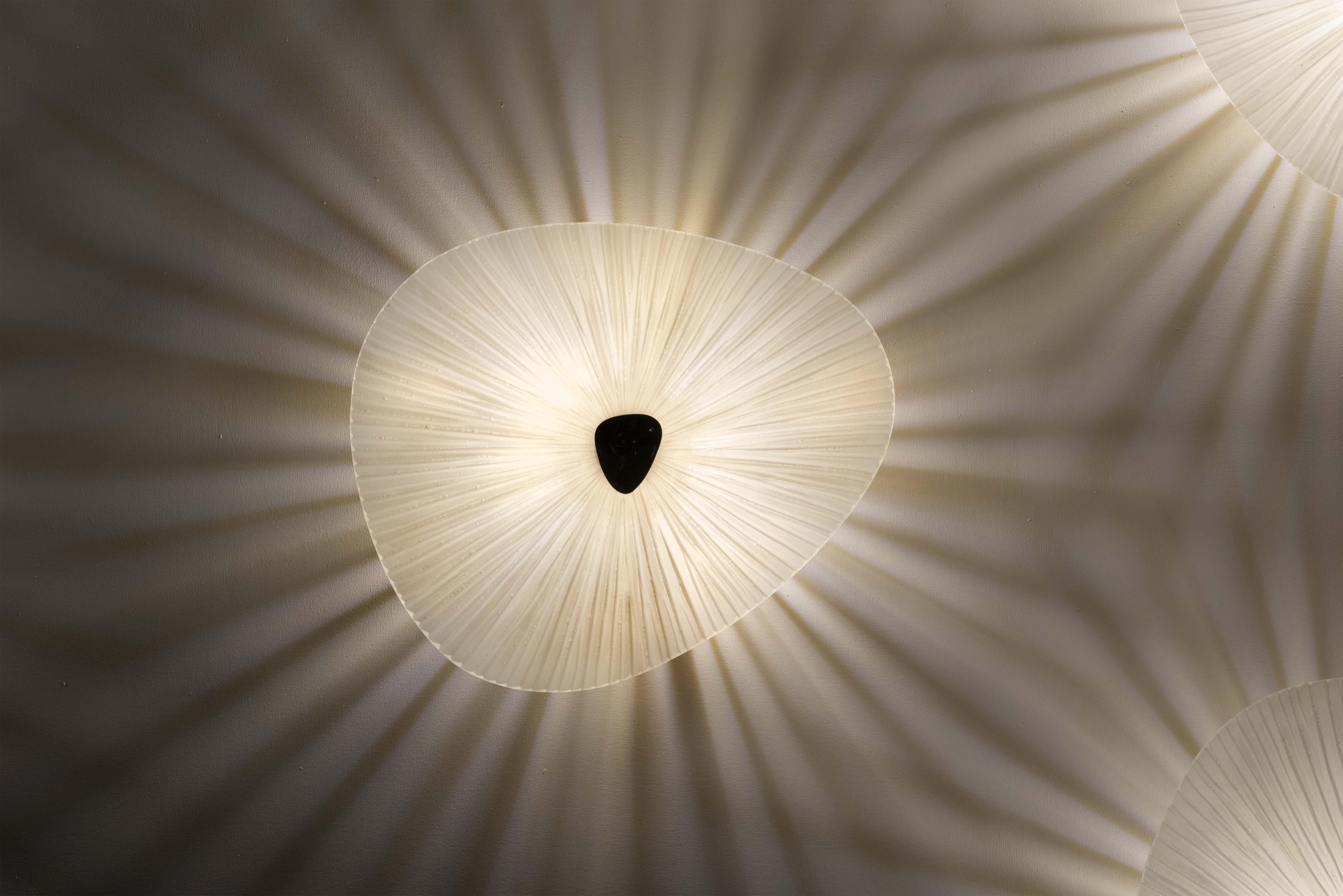 The 'Conchiglie' wall light is pure expression of refinement, elegance and attention to detail.
The crystal element (extra-light and satin white crystal) have been curved and hand crafted.
The support structure is in 24 kt gold plated brass with a