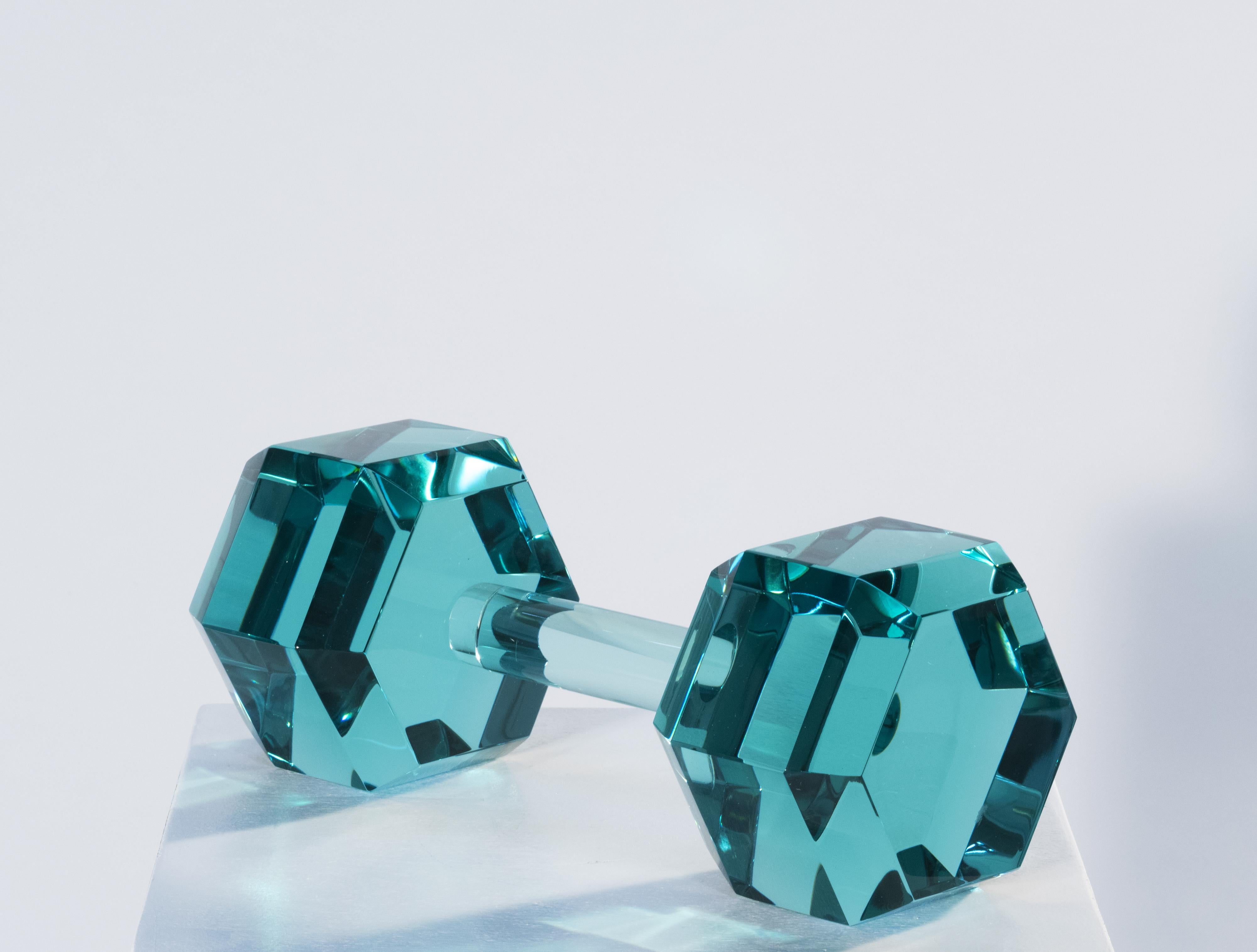 2021 Collection of decorative objects by Ghiro Studio (Milan, Italy).

Each ‘Dumbbell’ sculpture is a unique piece. It is handmade with the utmost care and attention to detail.
It was created sculpting natural blocks of aquamarine crystal. The