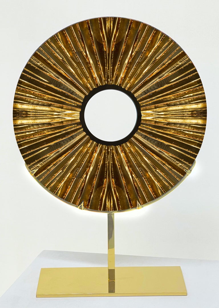 Italian Contemporary by Ghirò Studio 'Eye' Sculpture Amber Glass, Brass and 24 Kt Gold For Sale