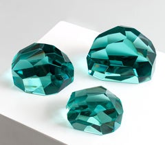 Set contemporaneo di tre sculture in cristallo 'Gems' Acquamarina di Ghirò Studio