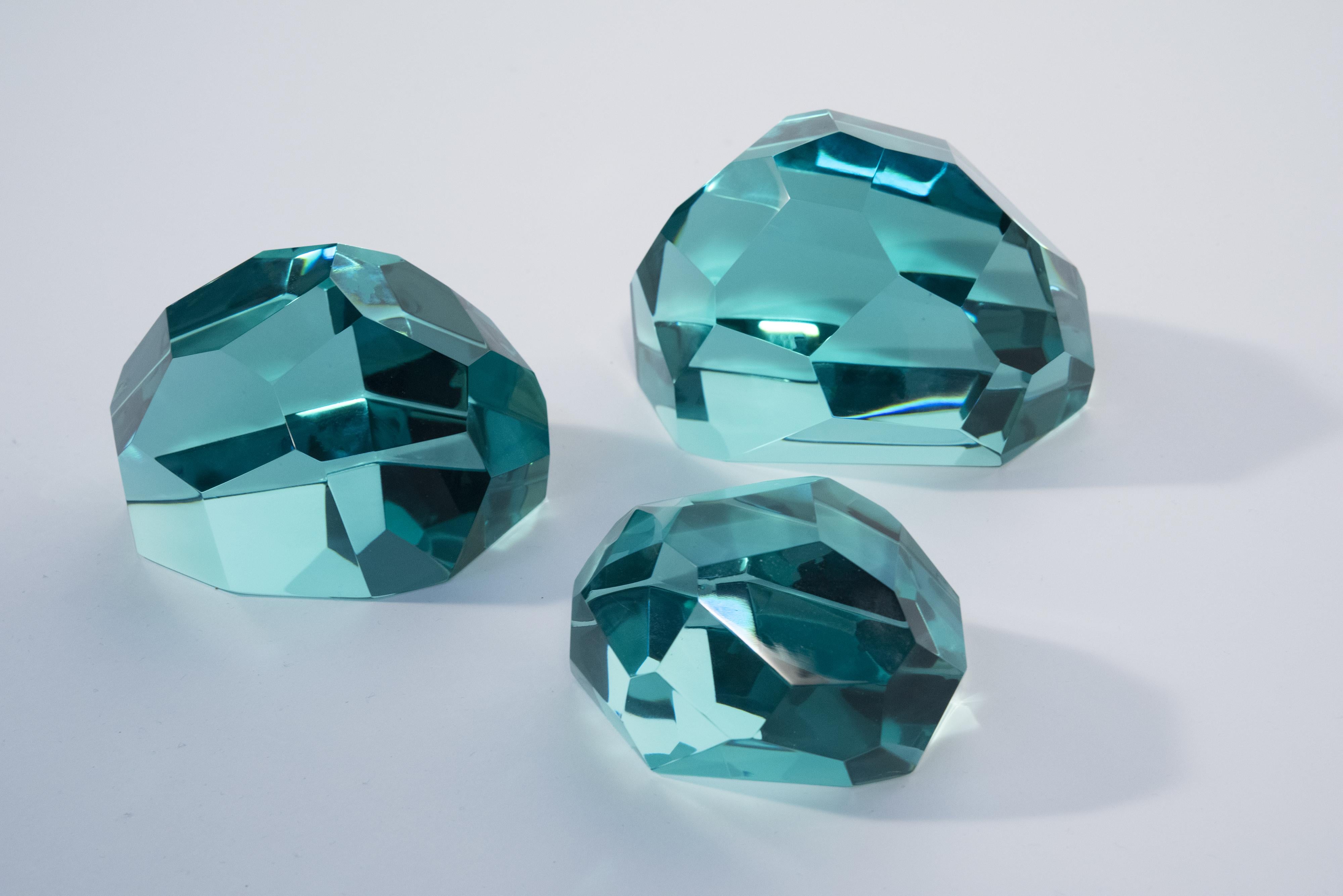 Hand-Crafted Contemporary 'Gems' Set of Three Crystal Sculptures Aquamarine by Ghirò Studio For Sale