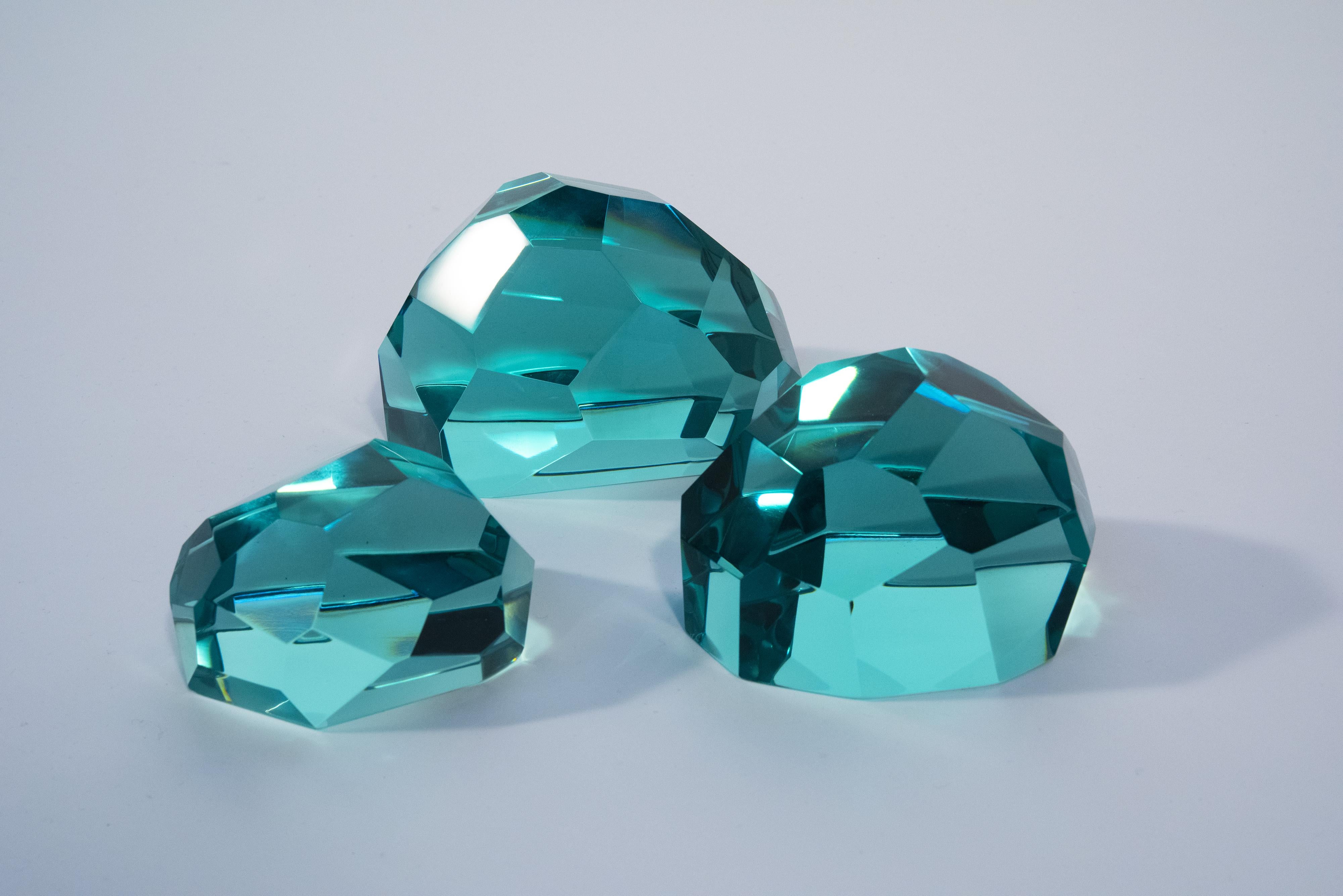 Glass Contemporary 'Gems' Set of Three Crystal Sculptures Aquamarine by Ghirò Studio For Sale