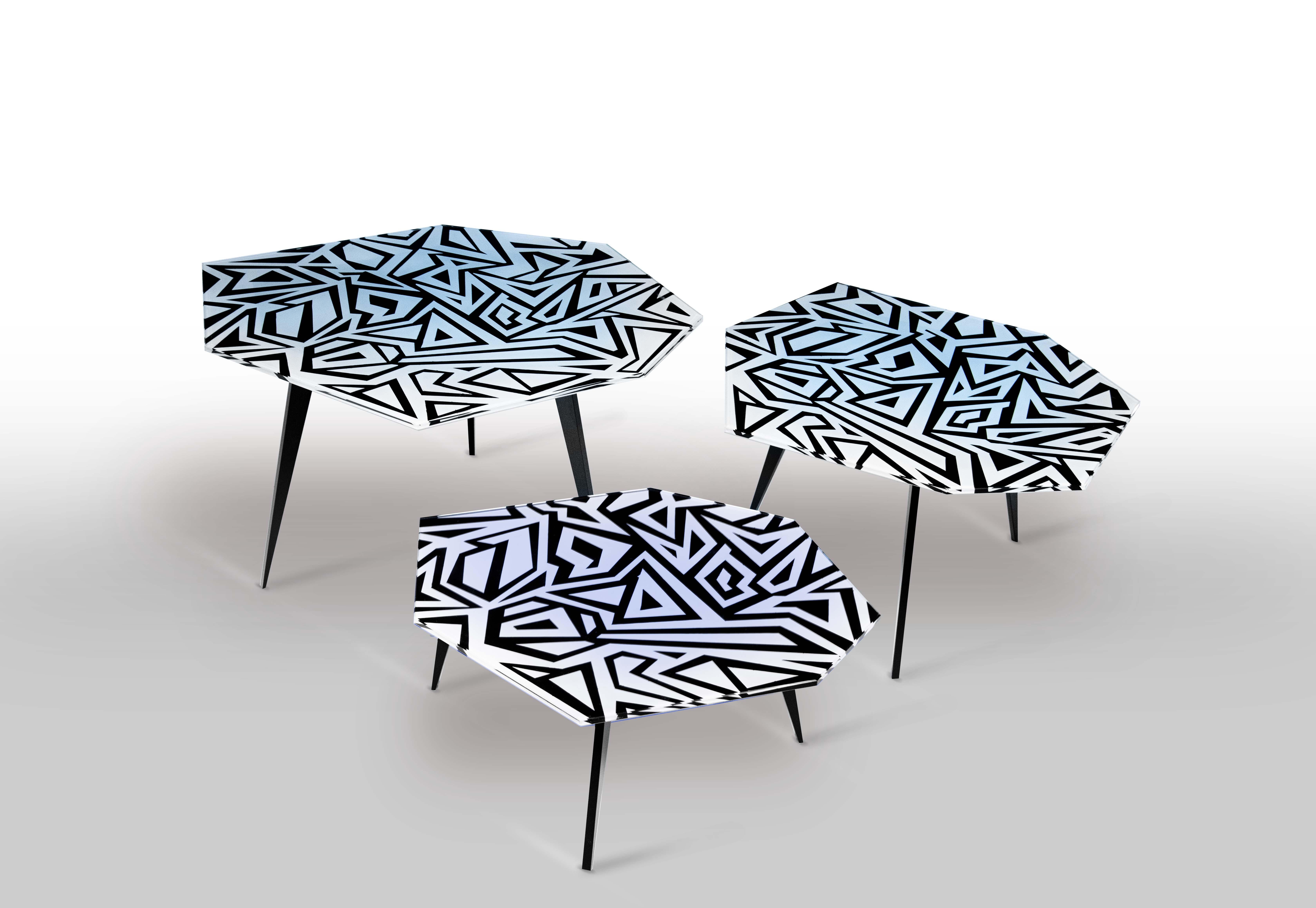 Modern Contemporary Graffito Set of Three Coffee Tables Black and White by Ghirò Studio For Sale