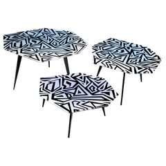 Contemporary Graffito Set of Three Coffee Tables Black and White by Ghirò Studio