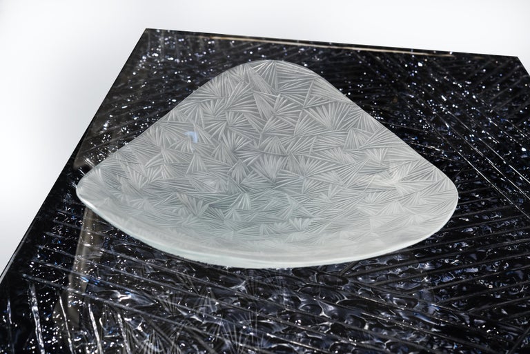 Glass Contemporary 'Ice' Crystal Bowl Satin Hand Engraved Unique Piece by Ghirò Studio For Sale