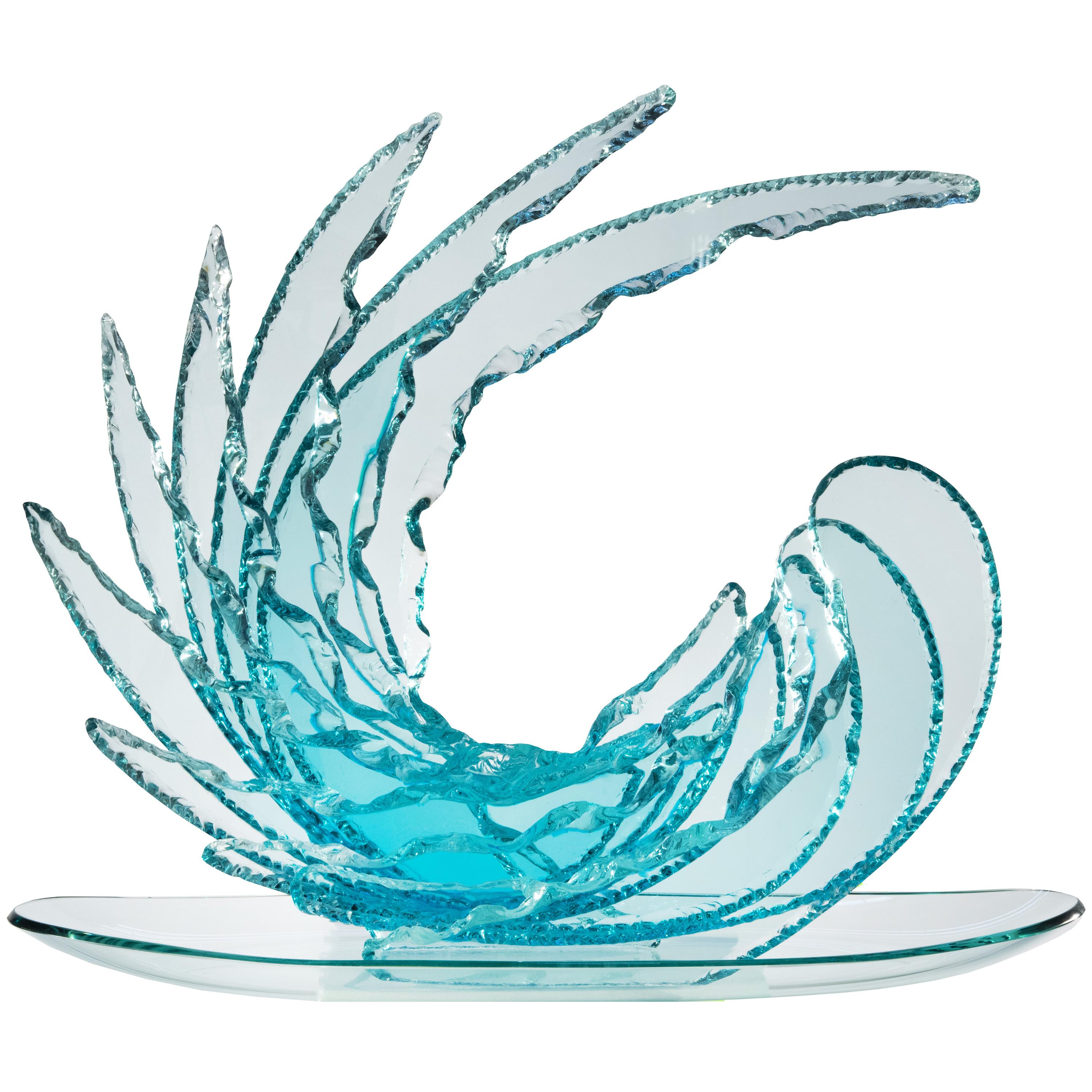 Contemporary 'Wave' Crystal Sculpture Aquamarine Handcrafted by Ghirò Studio