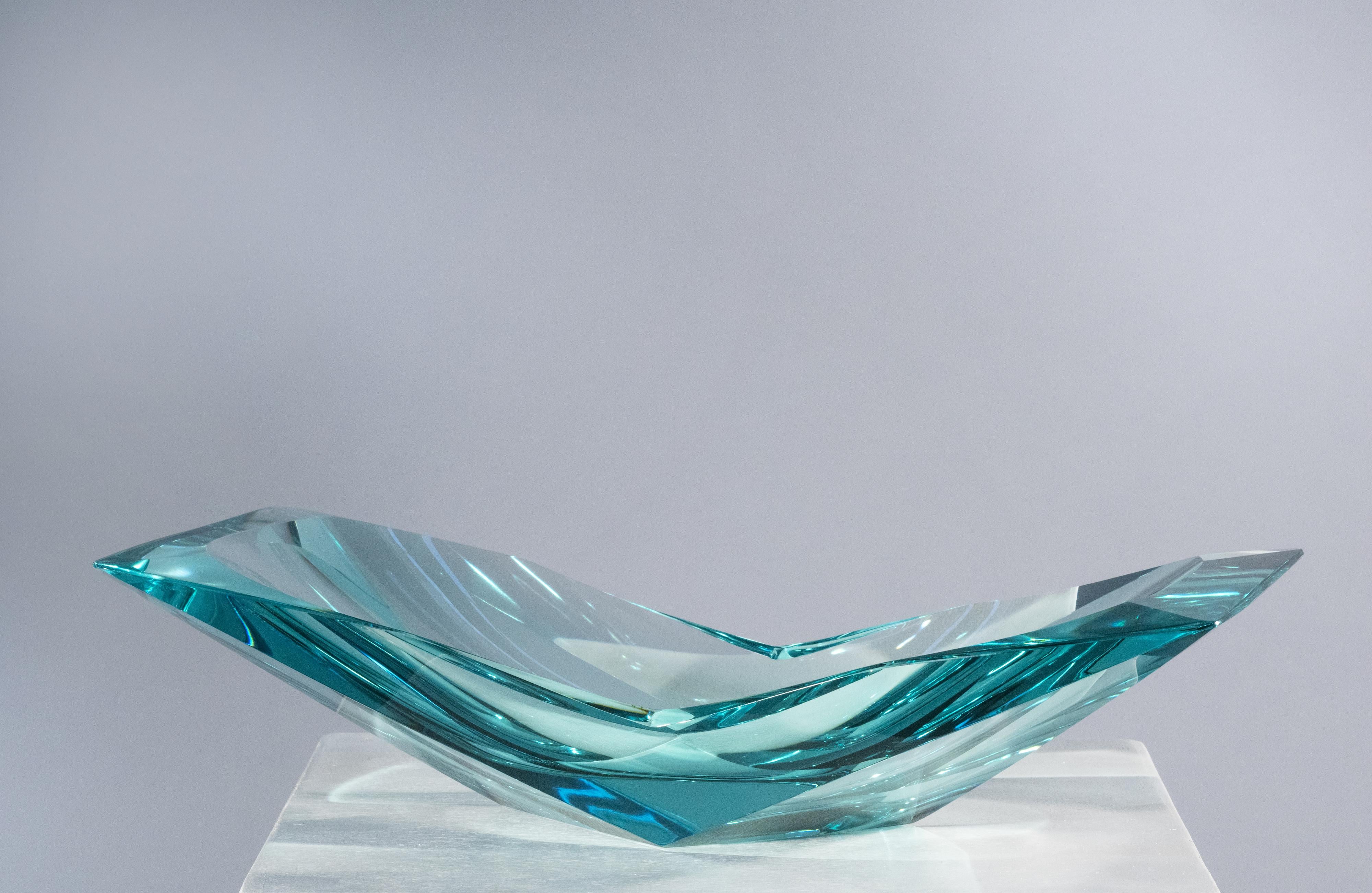 Hand-Crafted Contemporary 'Papillon' Artistic Crystal Bowl Aquamarine by Ghirò Studio For Sale