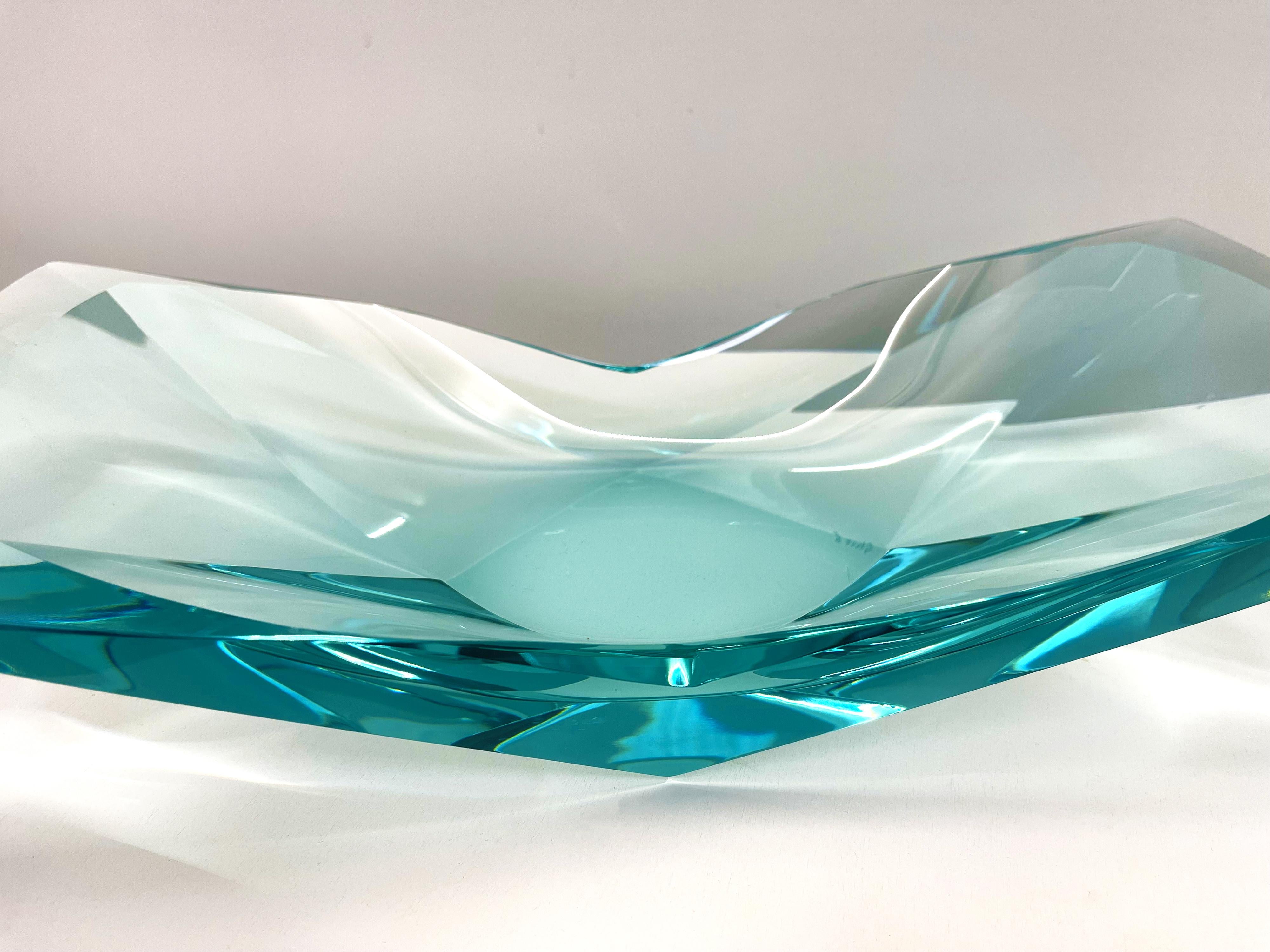 Glass Contemporary 'Papillon' Artistic Crystal Bowl Aquamarine by Ghirò Studio For Sale