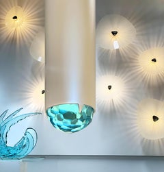 Contemporary Pendant Iridescent Pearly White Brass and Glass Gem by Ghirò Studio