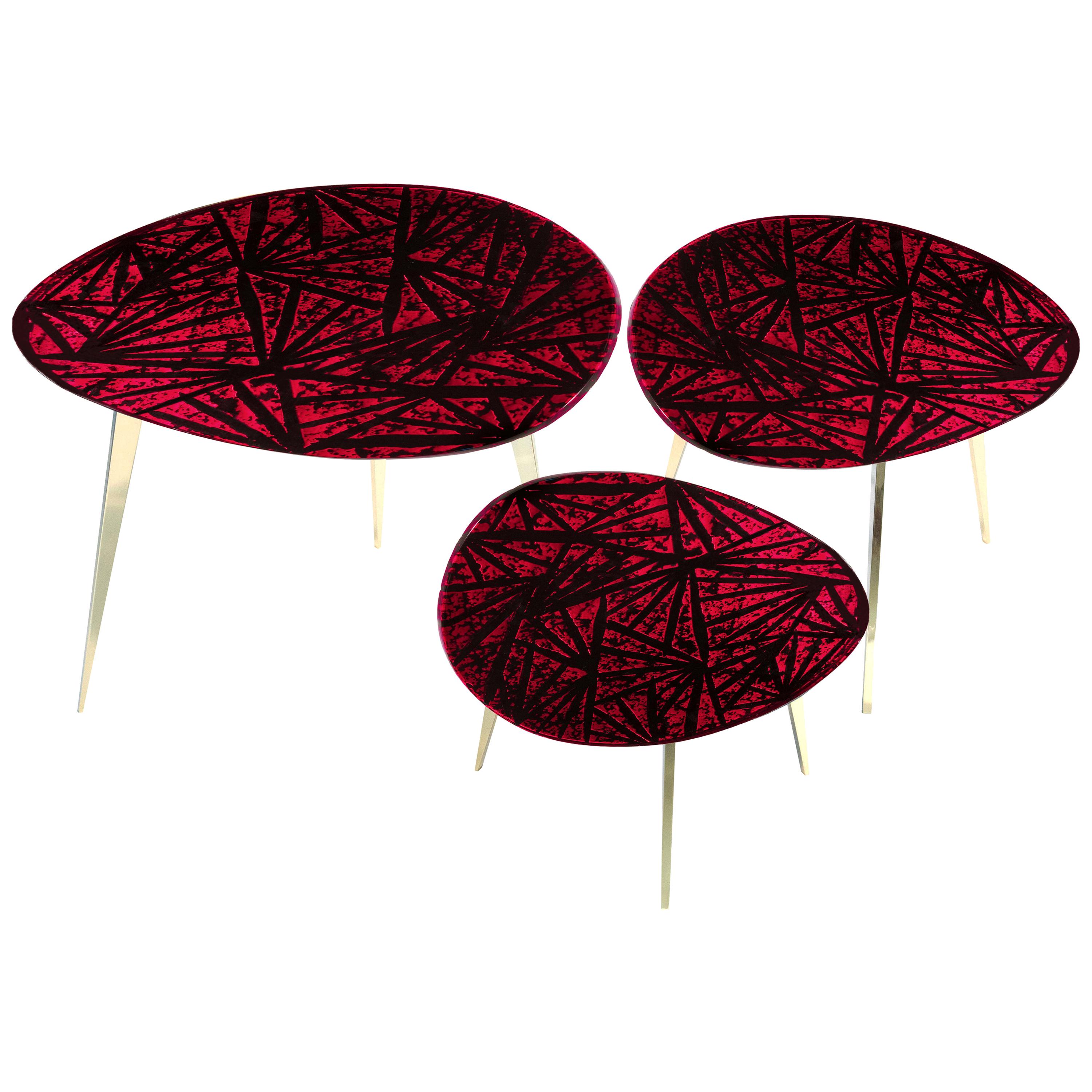 Contemporary by Ghirò Studio 'Rubino' Set of three Coffe Table Crystal and brass For Sale