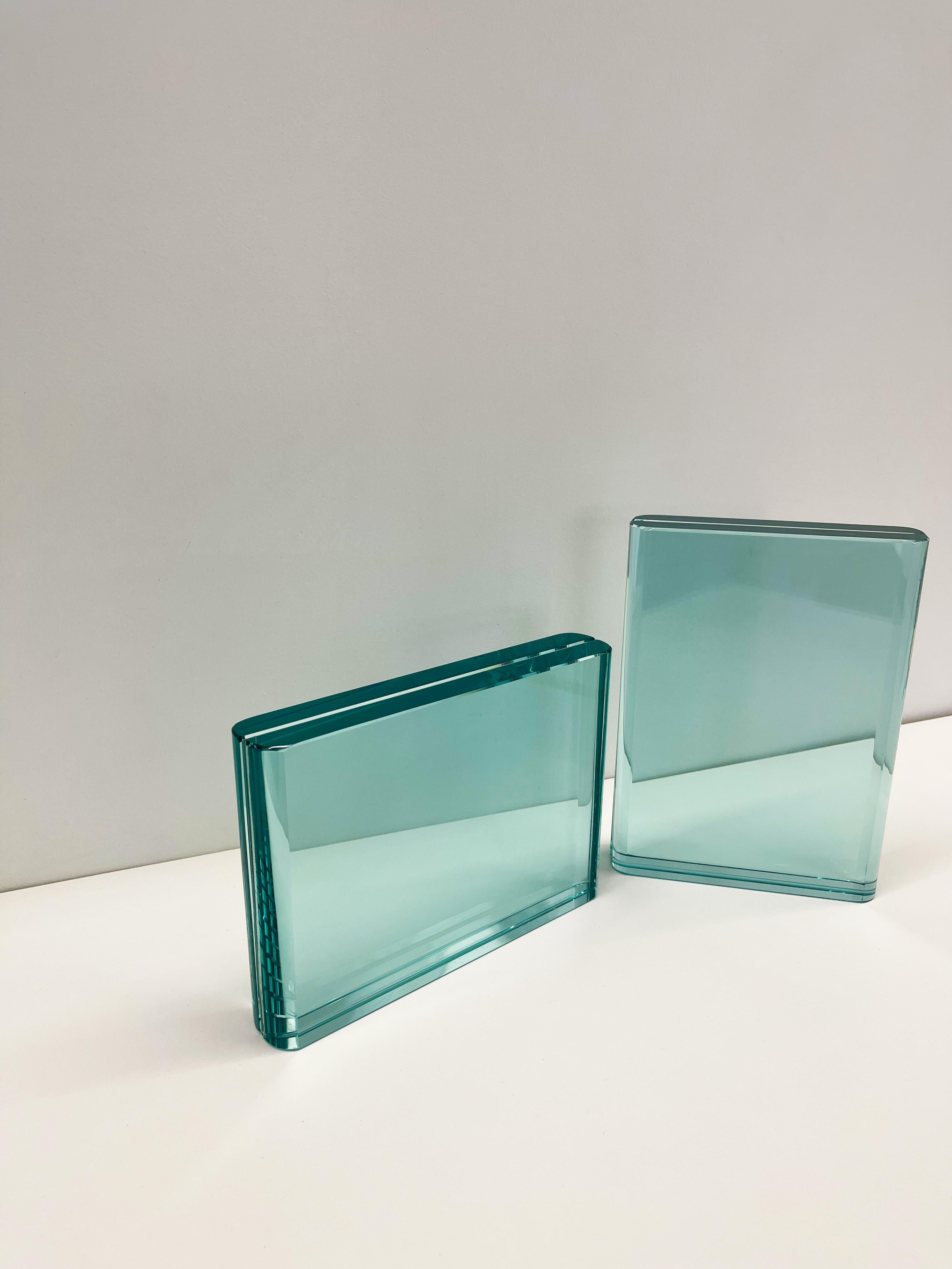 Glass Contemporary Set of Two Handmade Aquamarine Crystal Photo Frames by Ghirò Studio For Sale