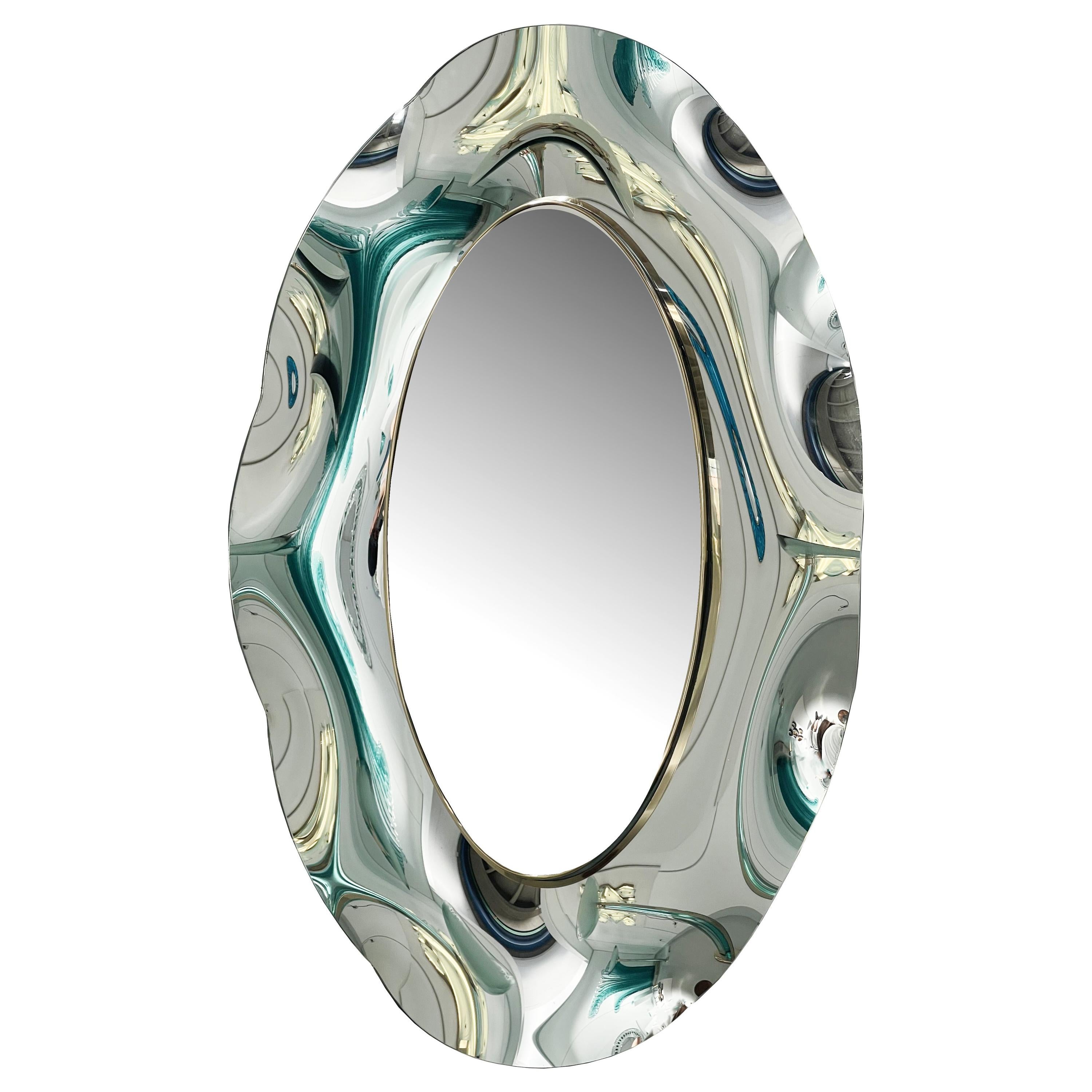 Contemporary 'Undulate' Oval Mirror Silver Crystal and Brass by Ghirò Studio
