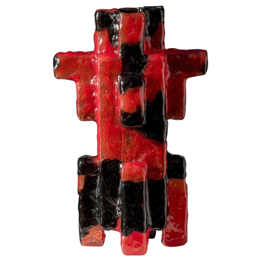 Vase Sculpture Vessel Red Black Contemporary Geometric Totem Epoxi Resin