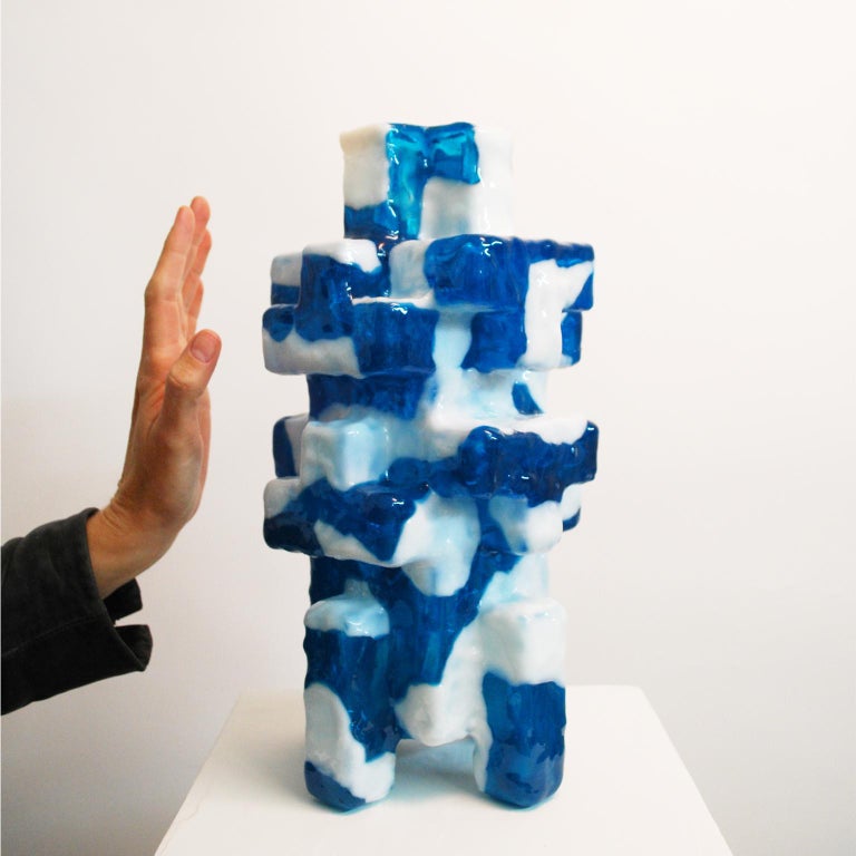 Modern Contemporary by Las Animas Keru 212 Sculpture Vase Vessel Resin Blue White For Sale