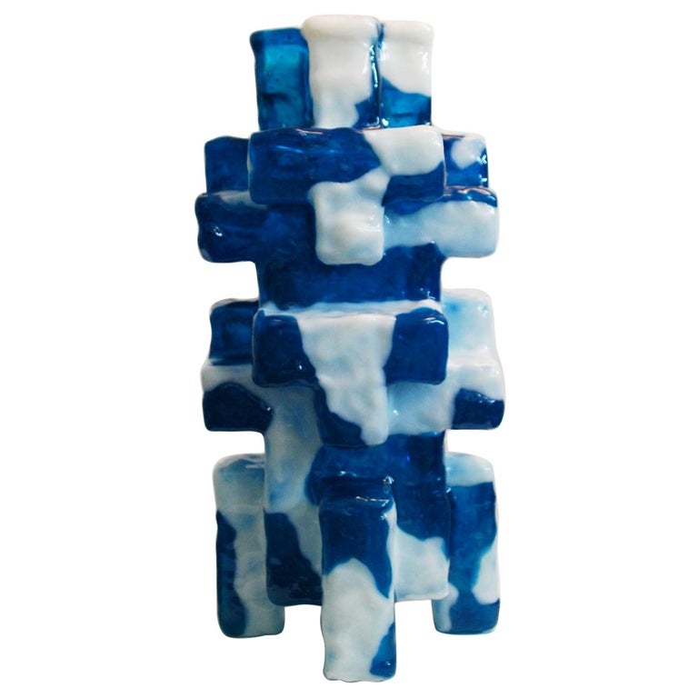 Contemporary by Las Animas Keru 212 Sculpture Vase Vessel Resin Blue White For Sale
