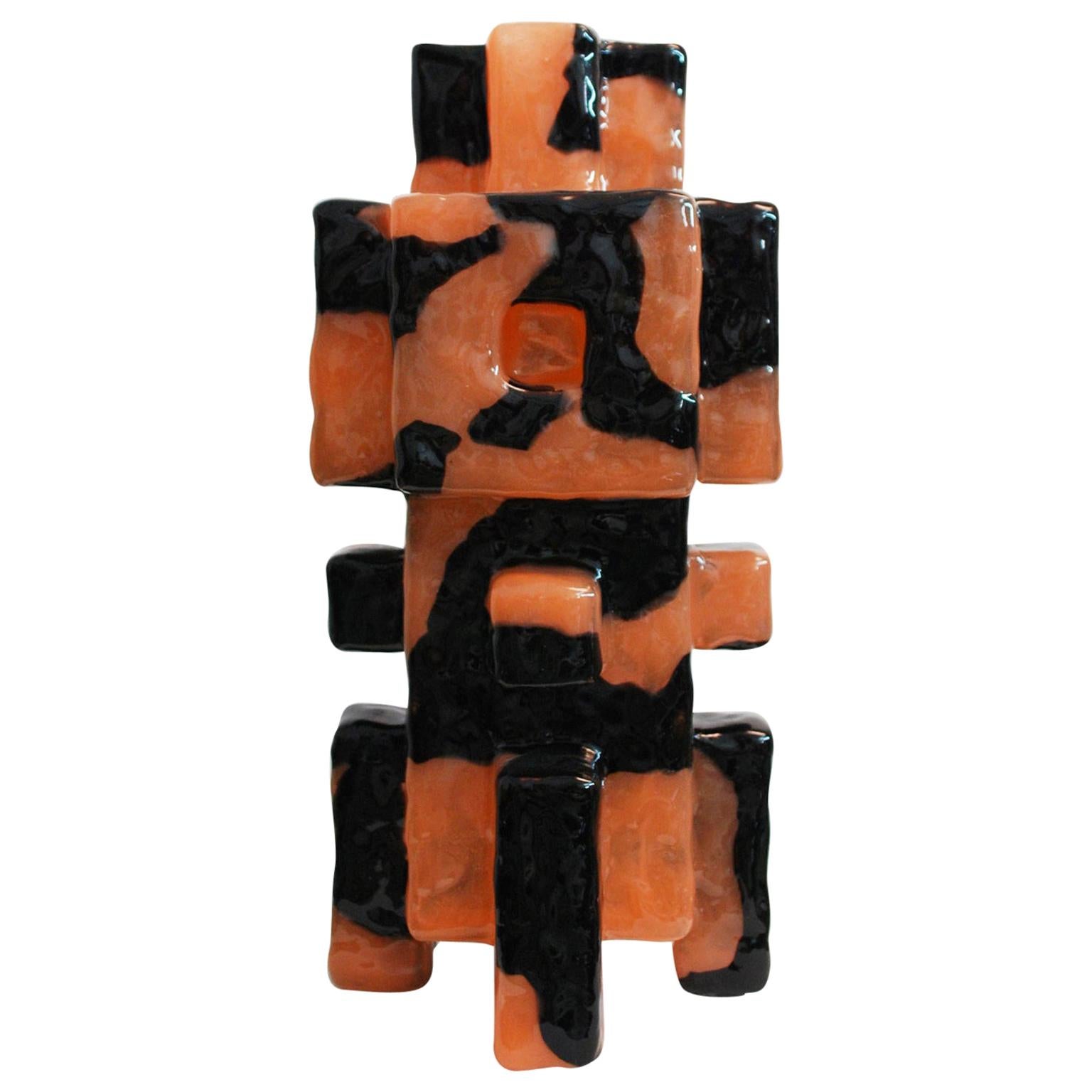 Vase Sculpture Vessel Black Orange Contemporary Geometric Totem Epoxi Resin