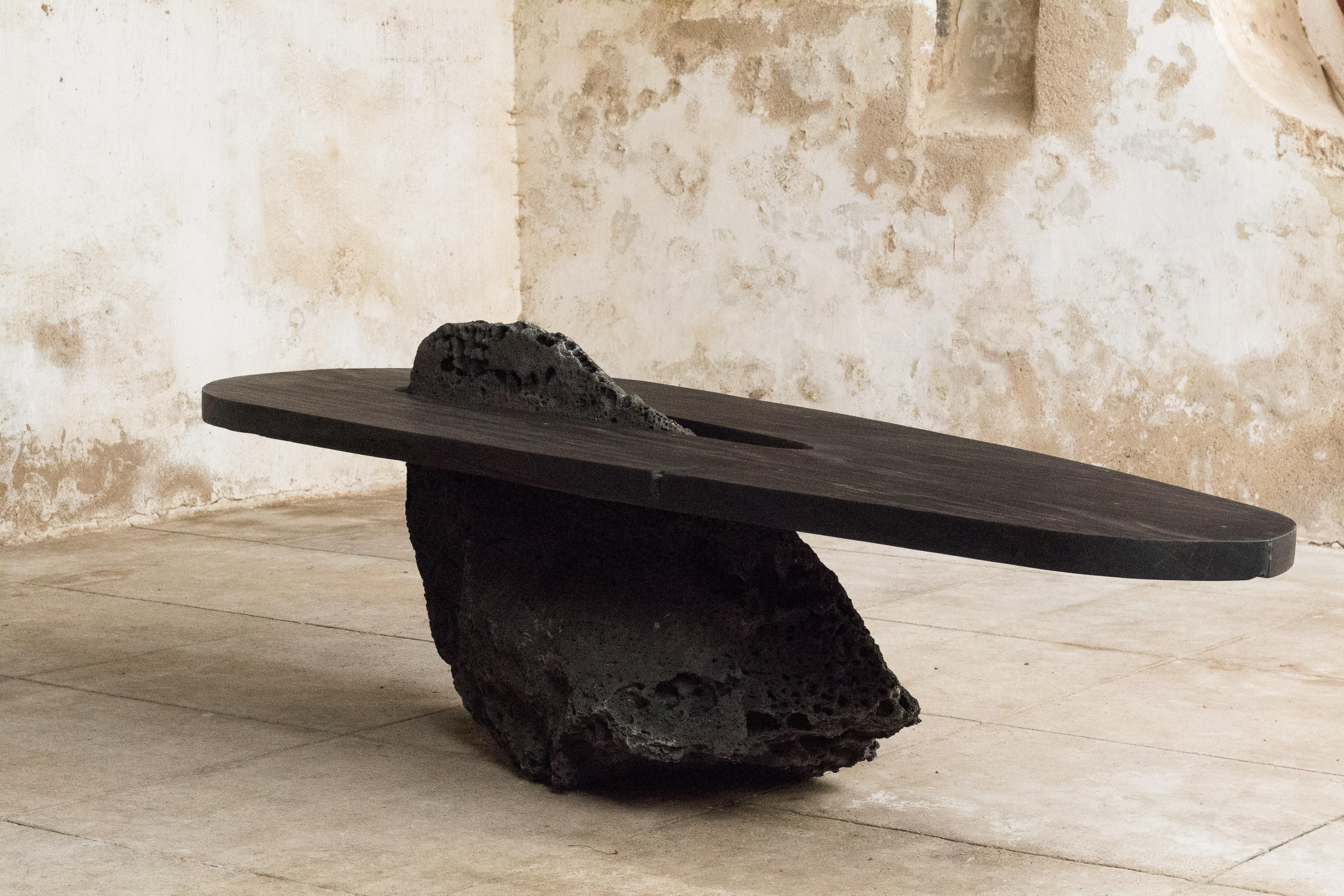Hand-Carved Contemporary Dining Table Burned Wood and Volcanic Stone by Mircea Anghel  For Sale