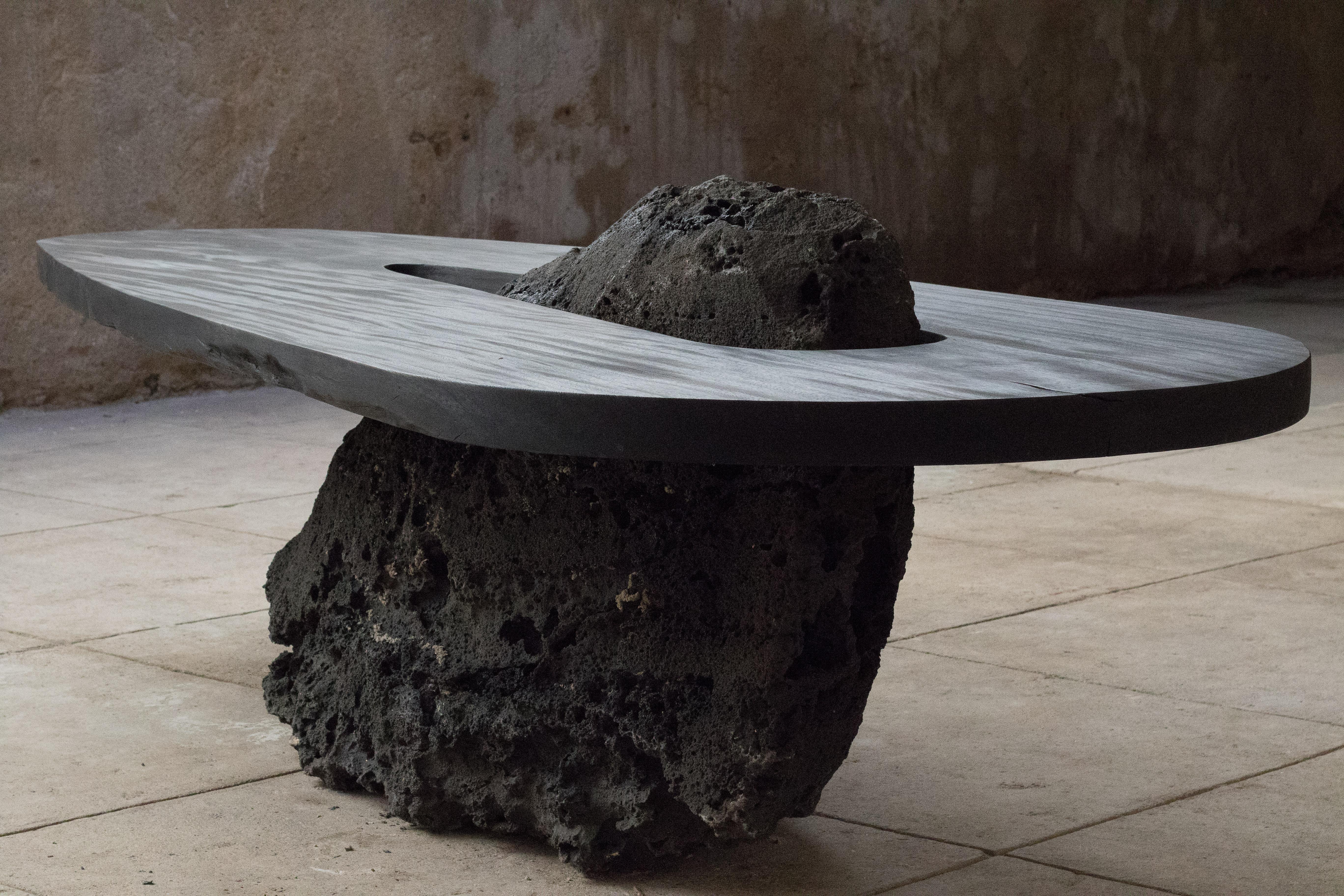 Contemporary Dining Table Burned Wood and Volcanic Stone by Mircea Anghel  In New Condition For Sale In Alcacer do Sal, PT