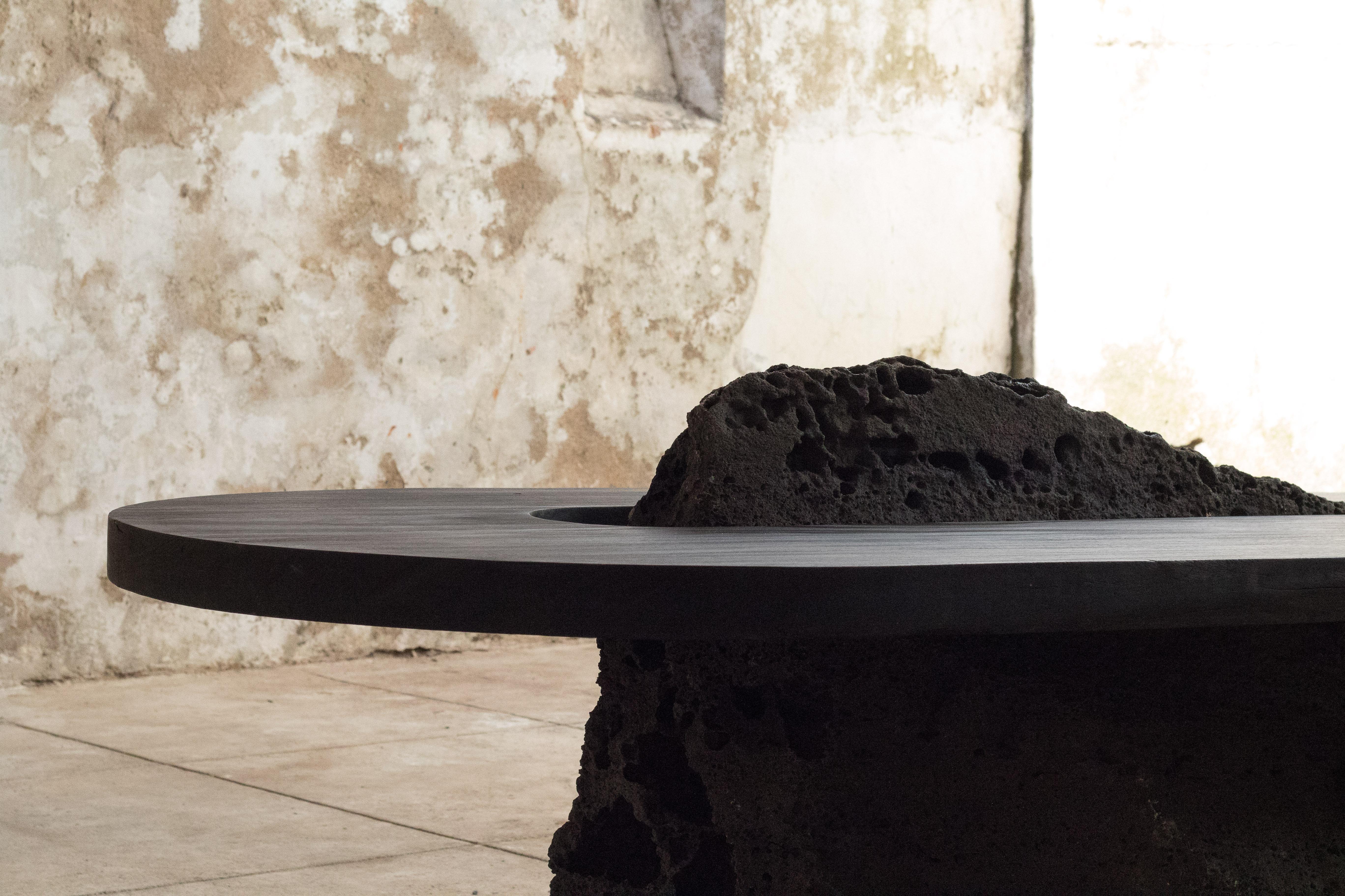Reclaimed Wood Contemporary Dining Table Burned Wood and Volcanic Stone by Mircea Anghel  For Sale