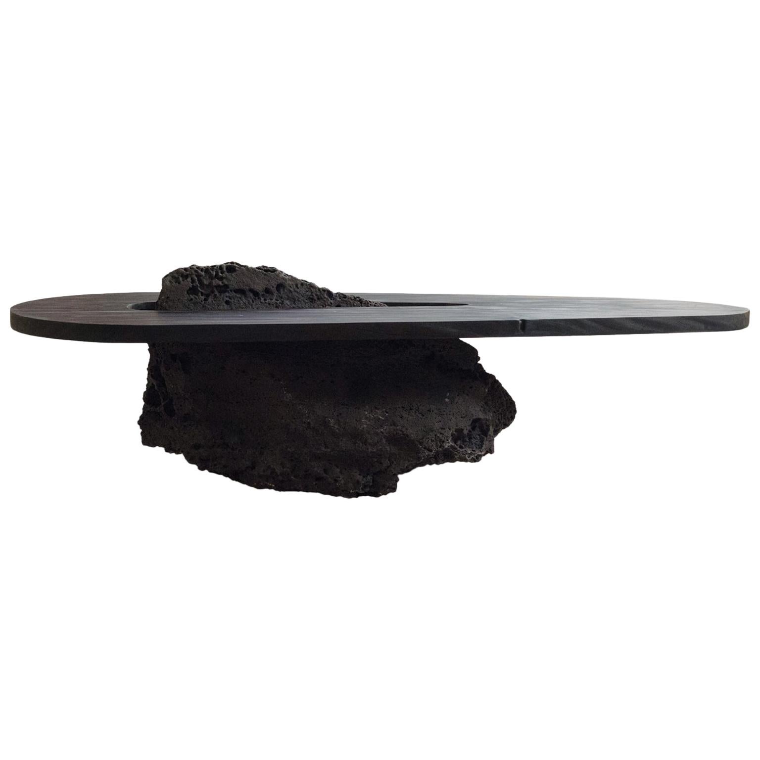 Contemporary Dining Table Burned Wood and Volcanic Stone by Mircea Anghel 