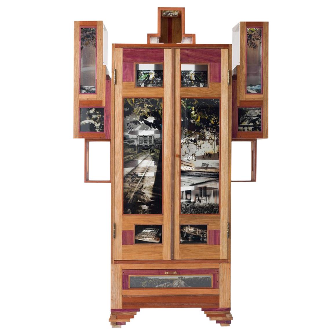 Contemporary Cabinet Coffee Mask, Mixed Woods with Photography in Acrylic For Sale