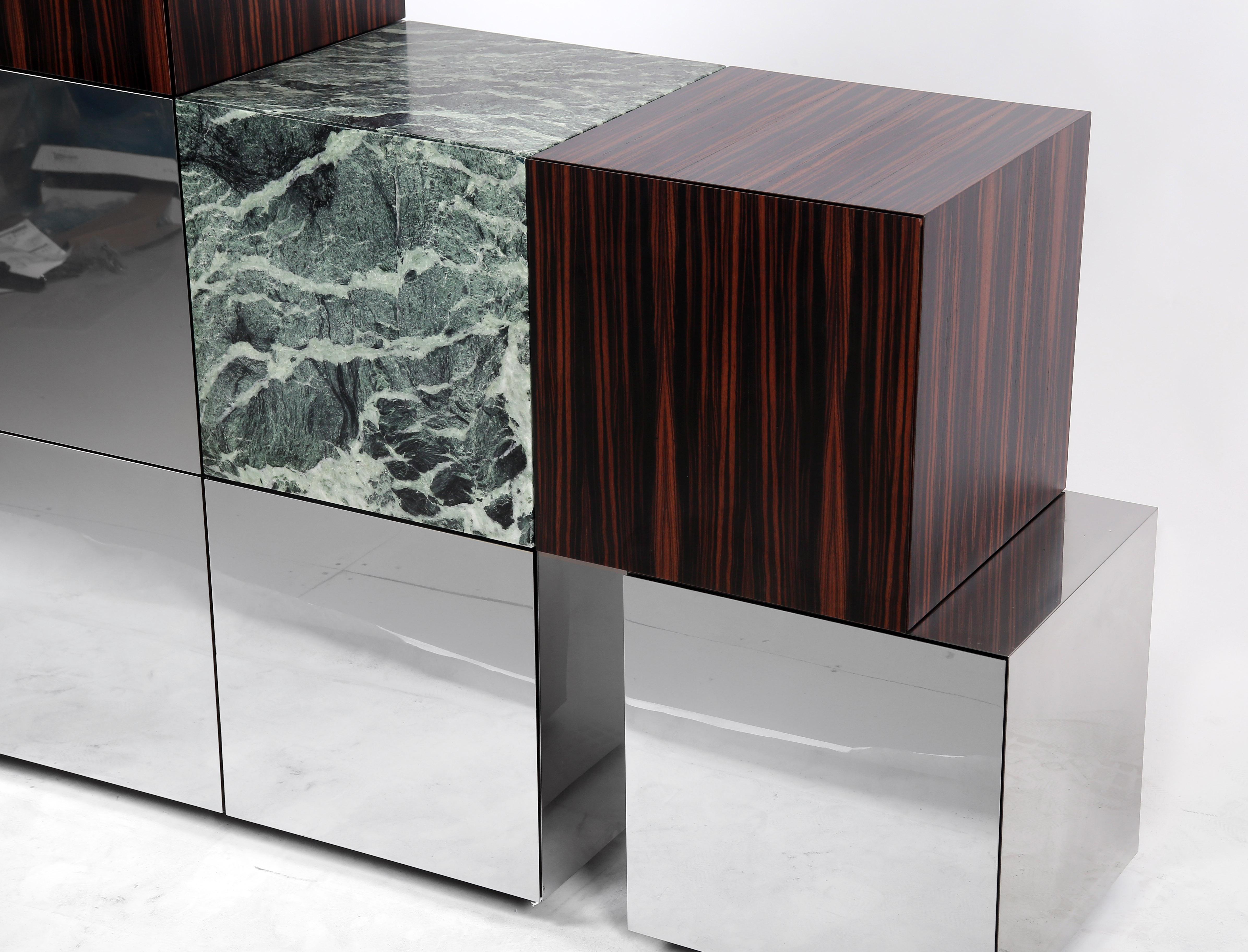 Modern Contemporary Cabinet CUCU Polished Stainless Steel Ebony Verde Alpi Marble For Sale