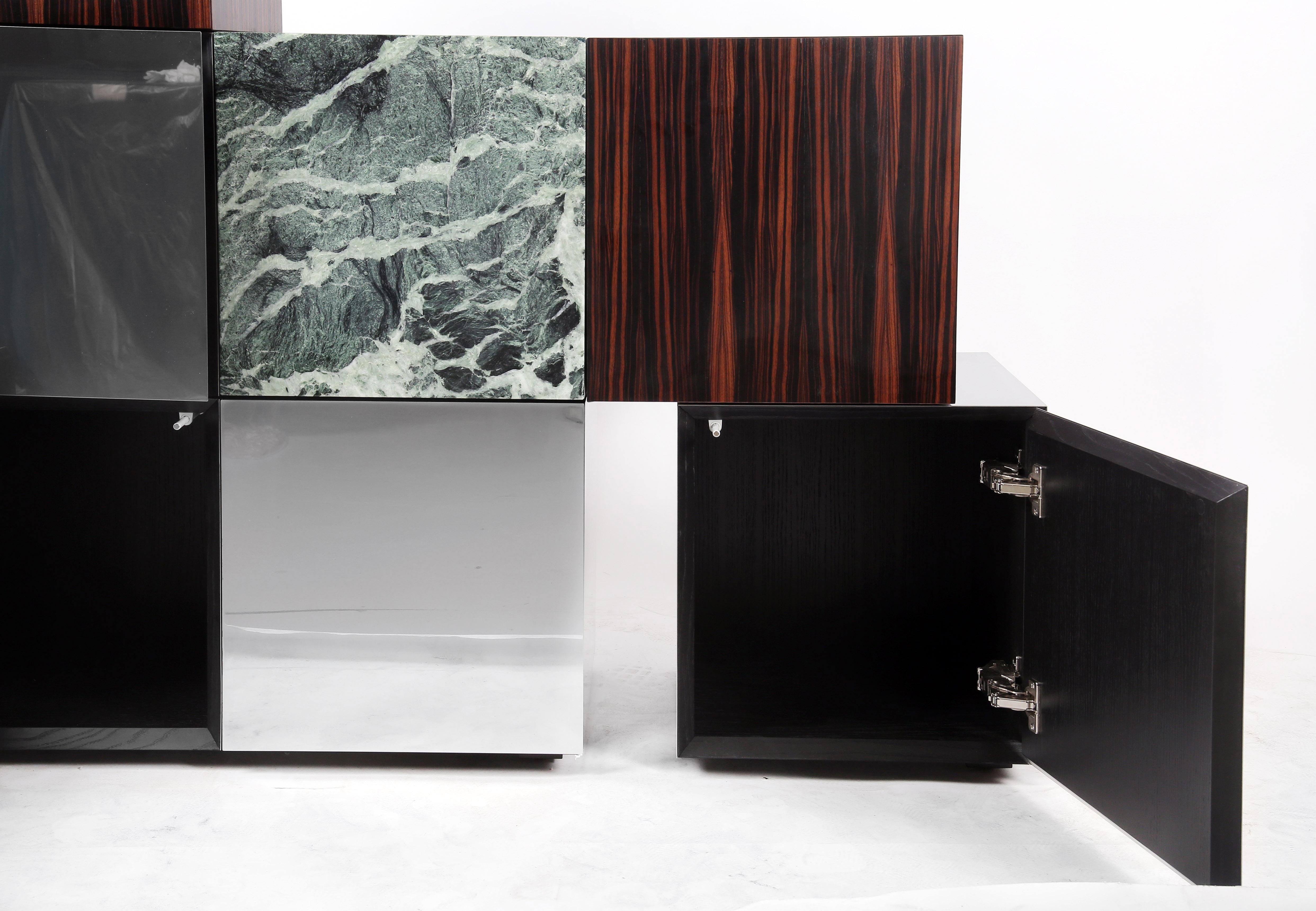 Oiled Contemporary Cabinet CUCU Polished Stainless Steel Ebony Verde Alpi Marble For Sale