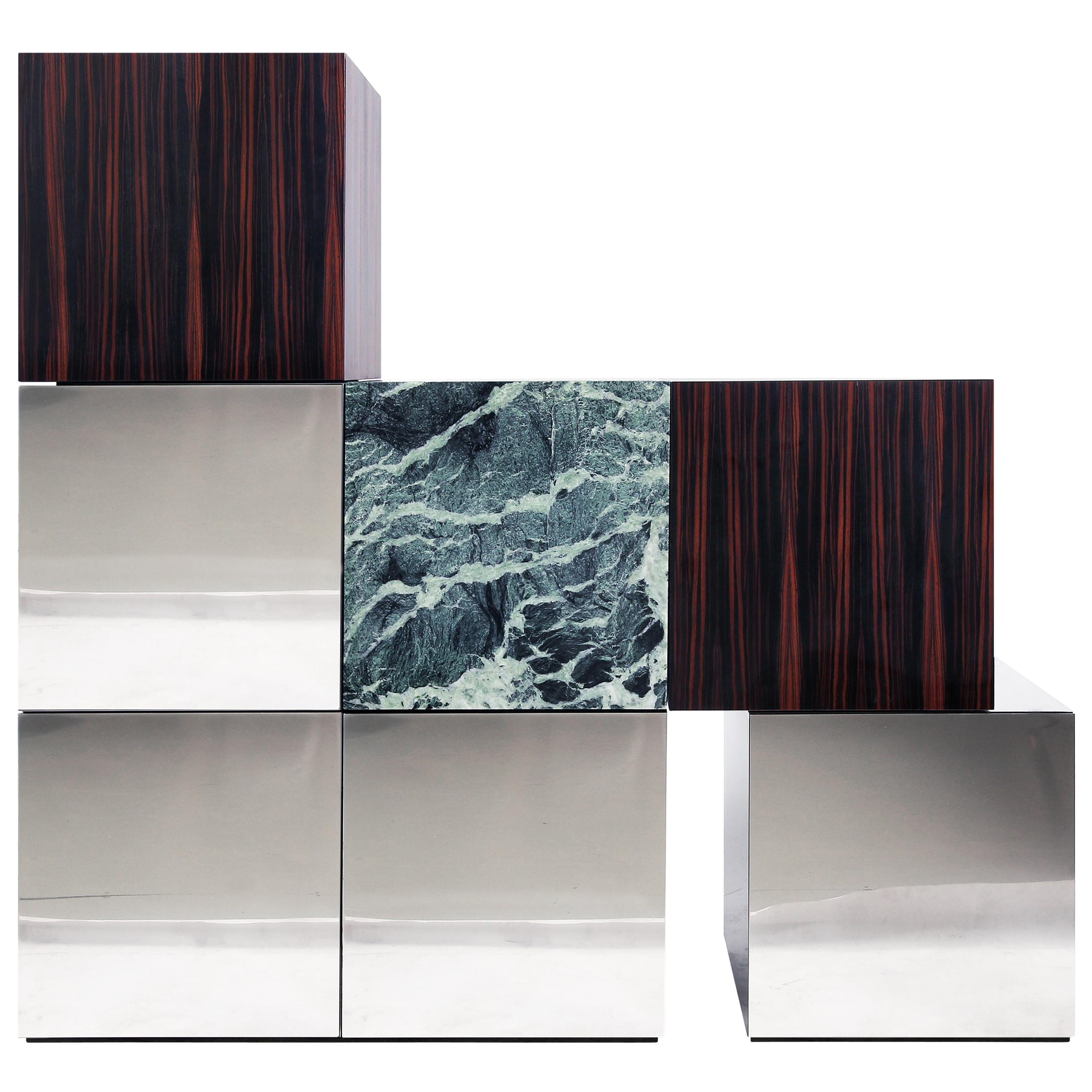 Contemporary Cabinet CUCU Polished Stainless Steel Ebony Verde Alpi Marble For Sale