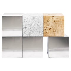 Contemporary Cabinet CUCU Polished Stainless Steel, Poplar Root, Marble