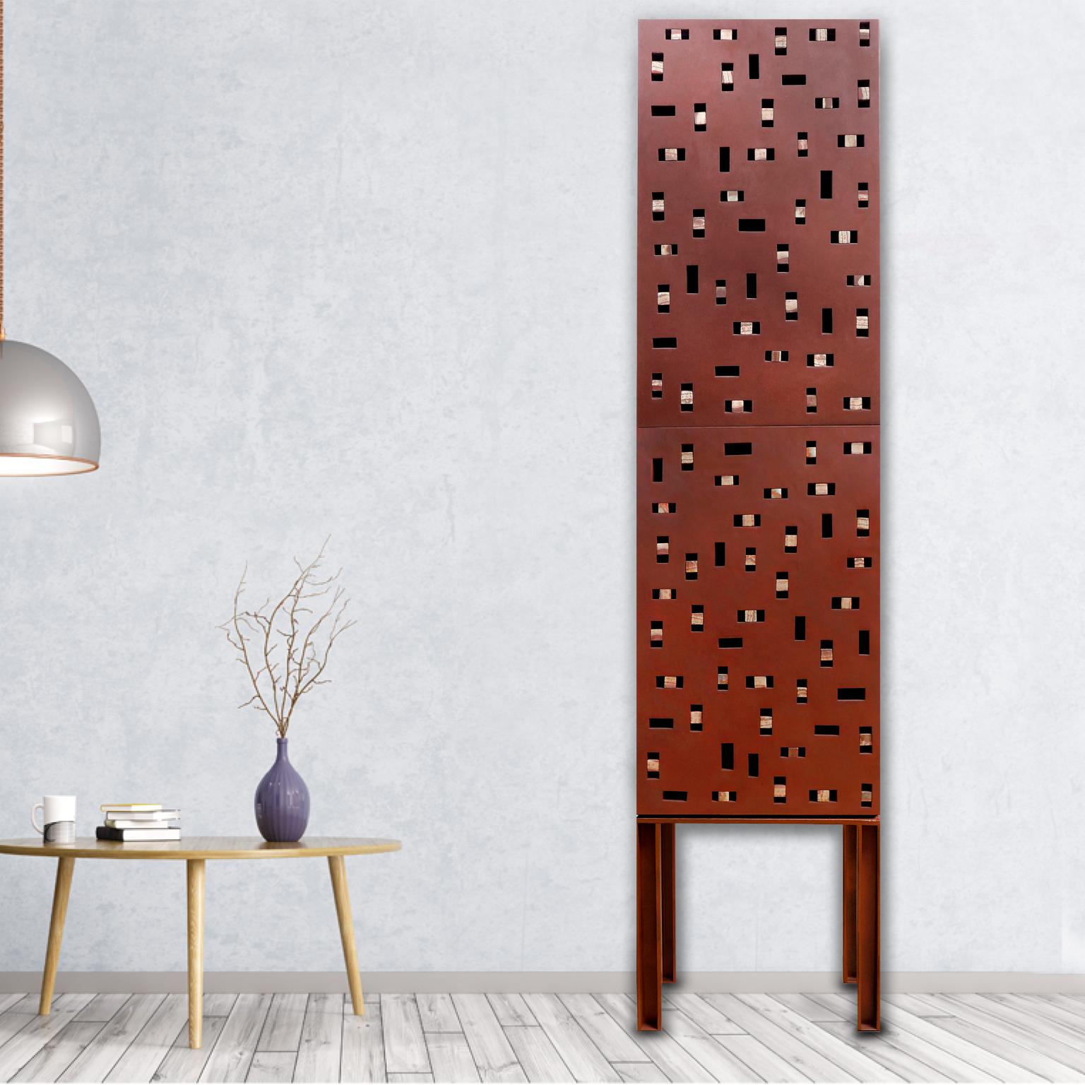 Handmade contemporary rusted iron cabinet with onyx.