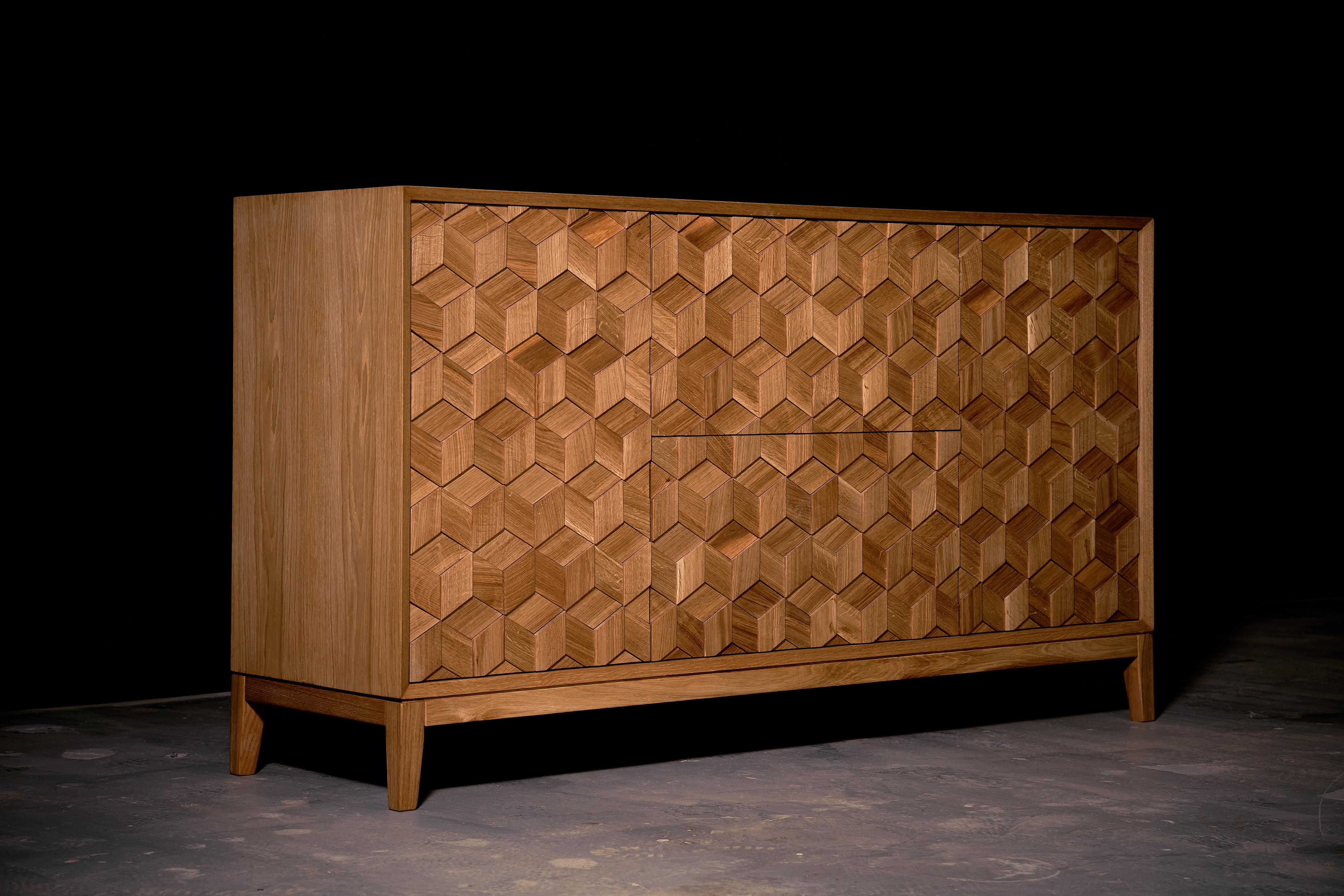 Moldovan Contemporary Cabinet in Solid Oak with Hexagon Oak Mosaic + 3D Model For Sale