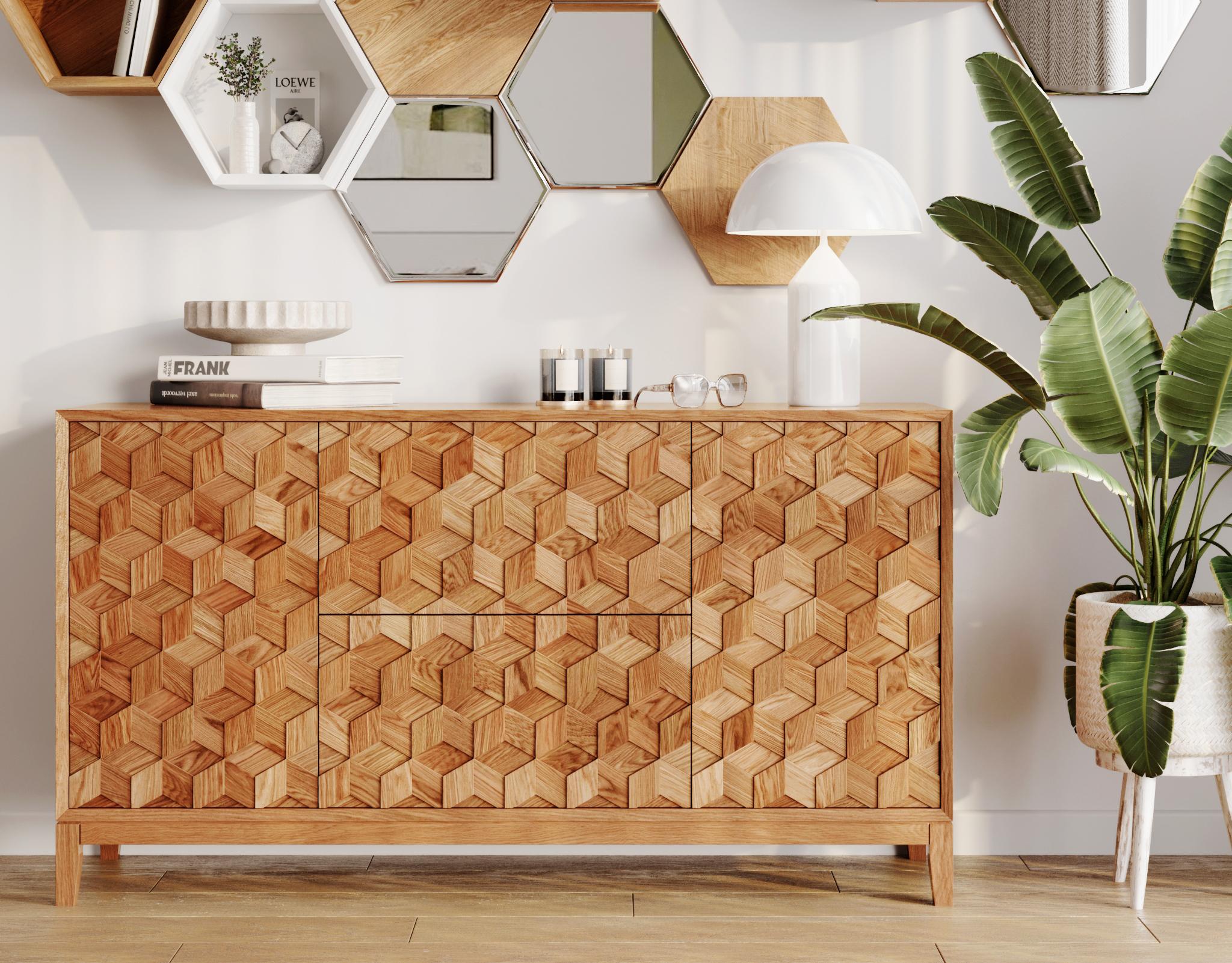 !! If you need a 3D model, just let us know !!

A modern Hexagon cabinet furniture will perfectly complement a modern living room, bedroom or study. The facades are made of 3D wooden panels in the shape of hexagons, which give the pedestal volume