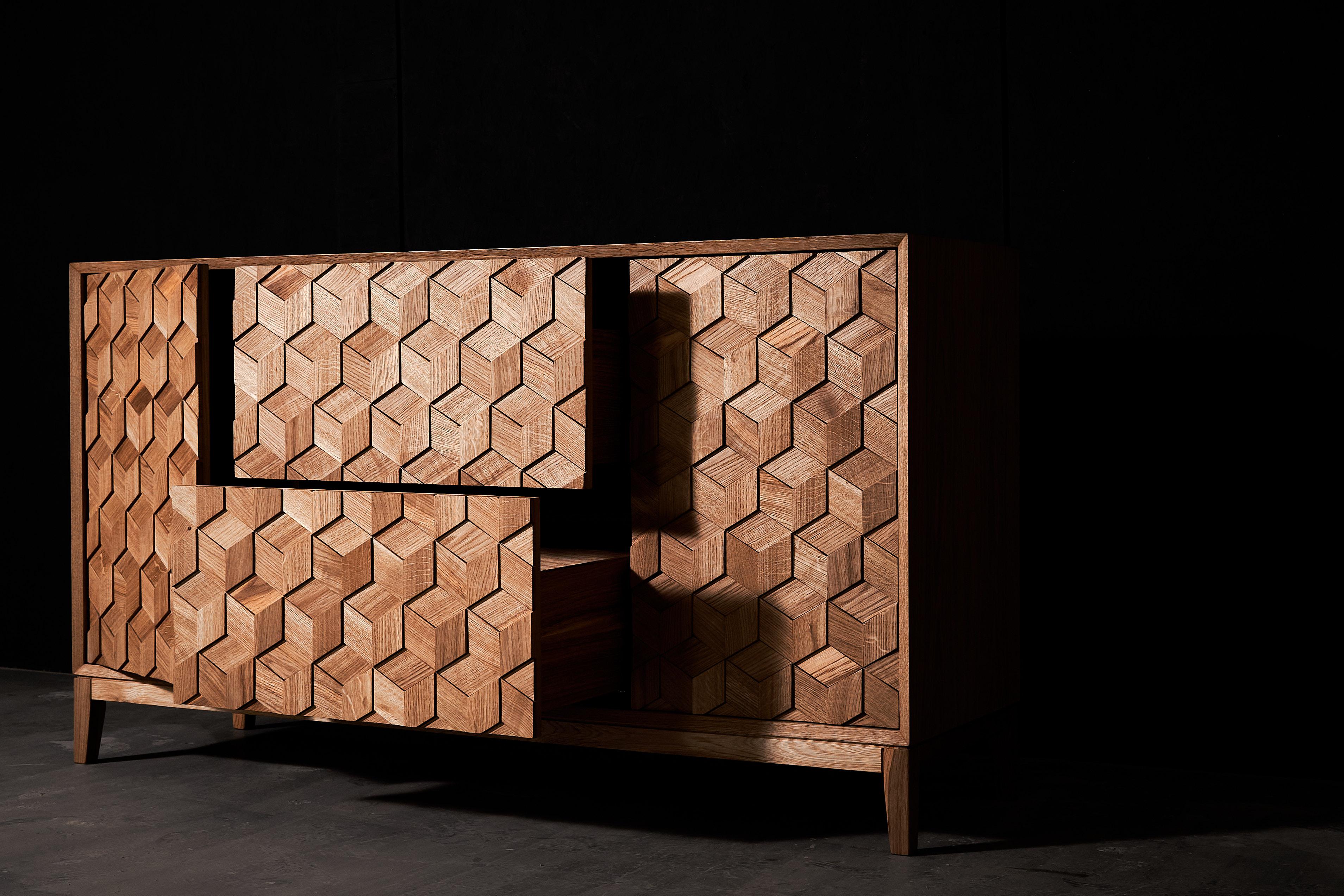 Hand-Carved Contemporary Cabinet in Solid Oak with Hexagon Oak Mosaic + 3D Model For Sale