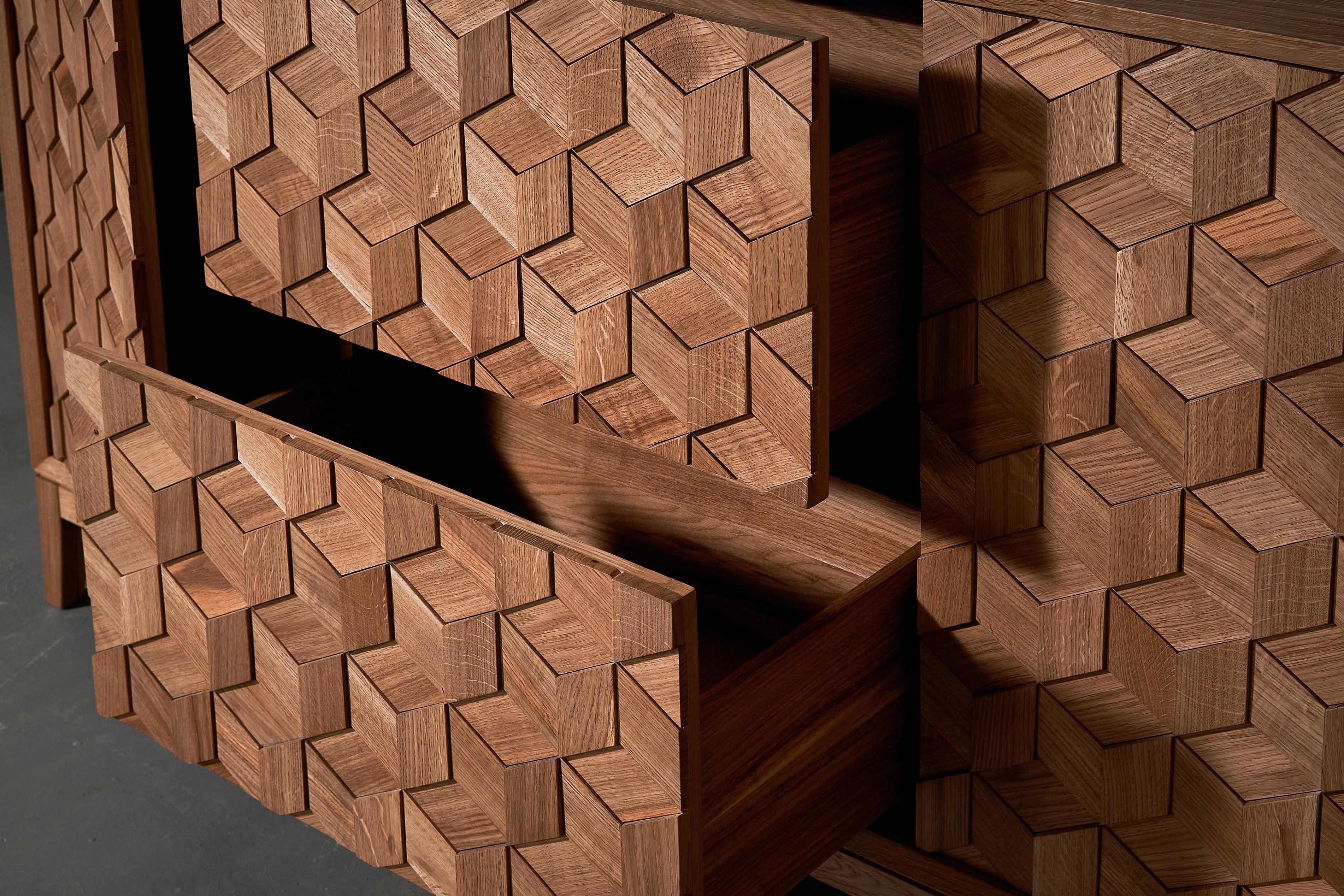 Contemporary Cabinet in Solid Oak with Hexagon Oak Mosaic + 3D Model In New Condition For Sale In Burlăceni, Cahul District