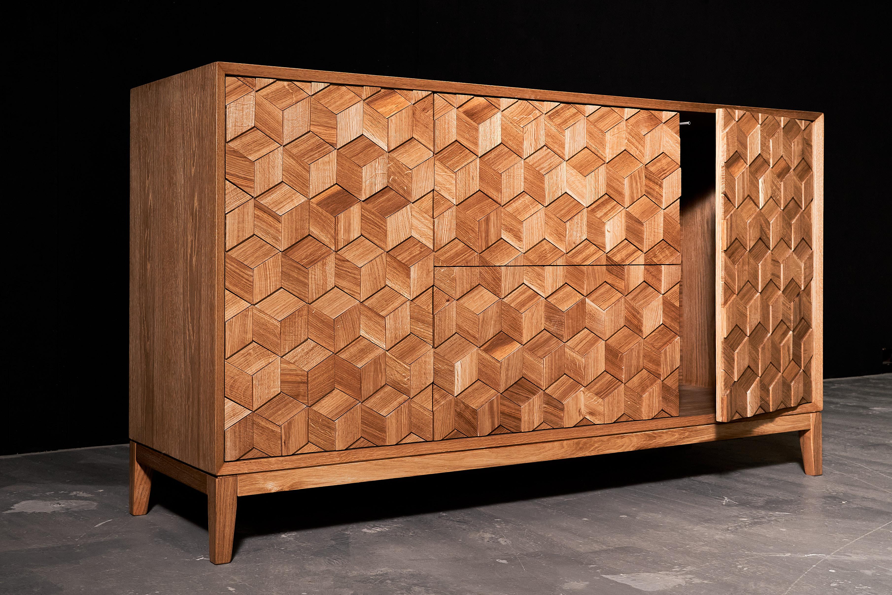 Contemporary Cabinet in Solid Oak with Hexagon Oak Mosaic + 3D Model For Sale 1