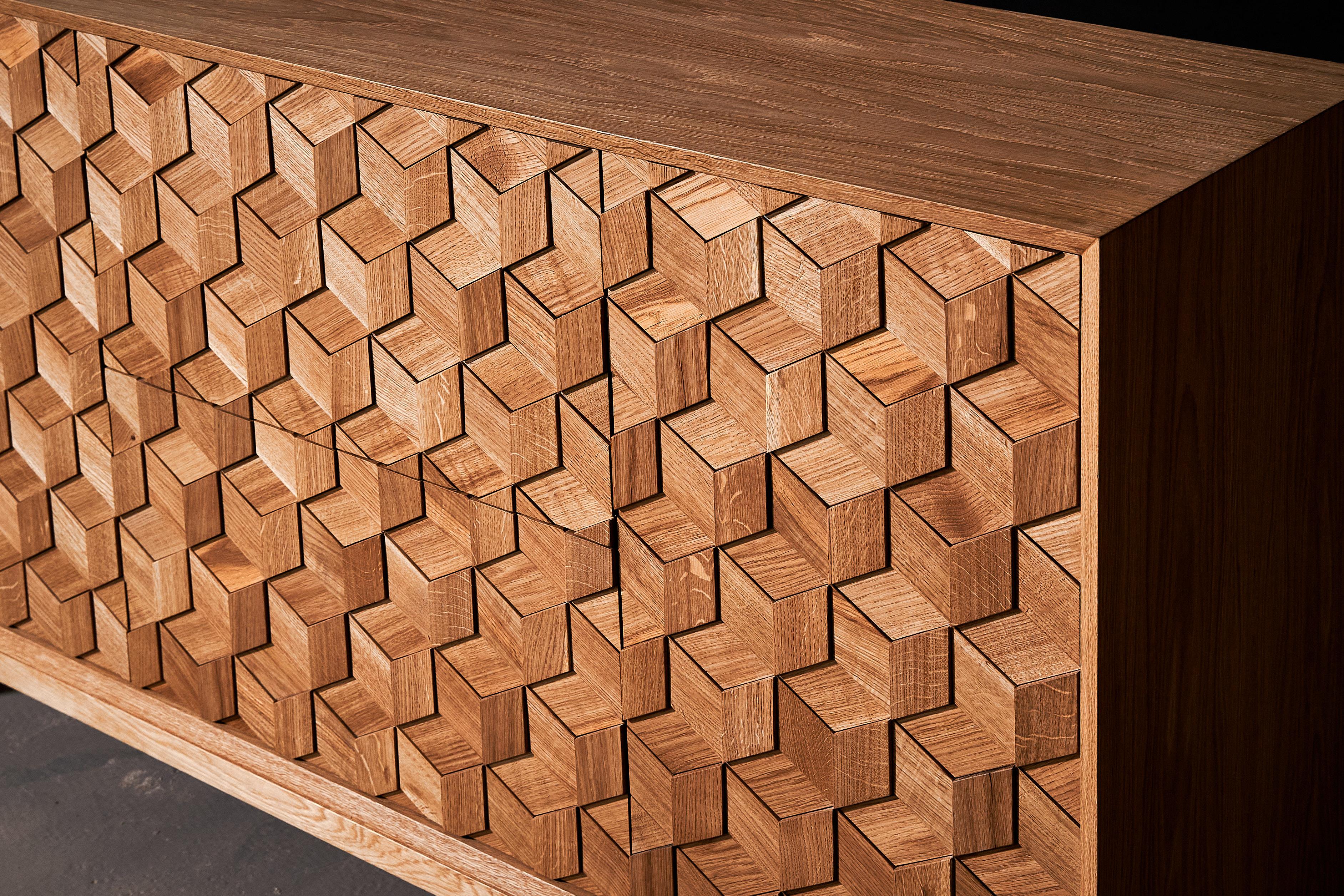 Contemporary Cabinet in Solid Oak with Hexagon Oak Mosaic + 3D Model For Sale 2