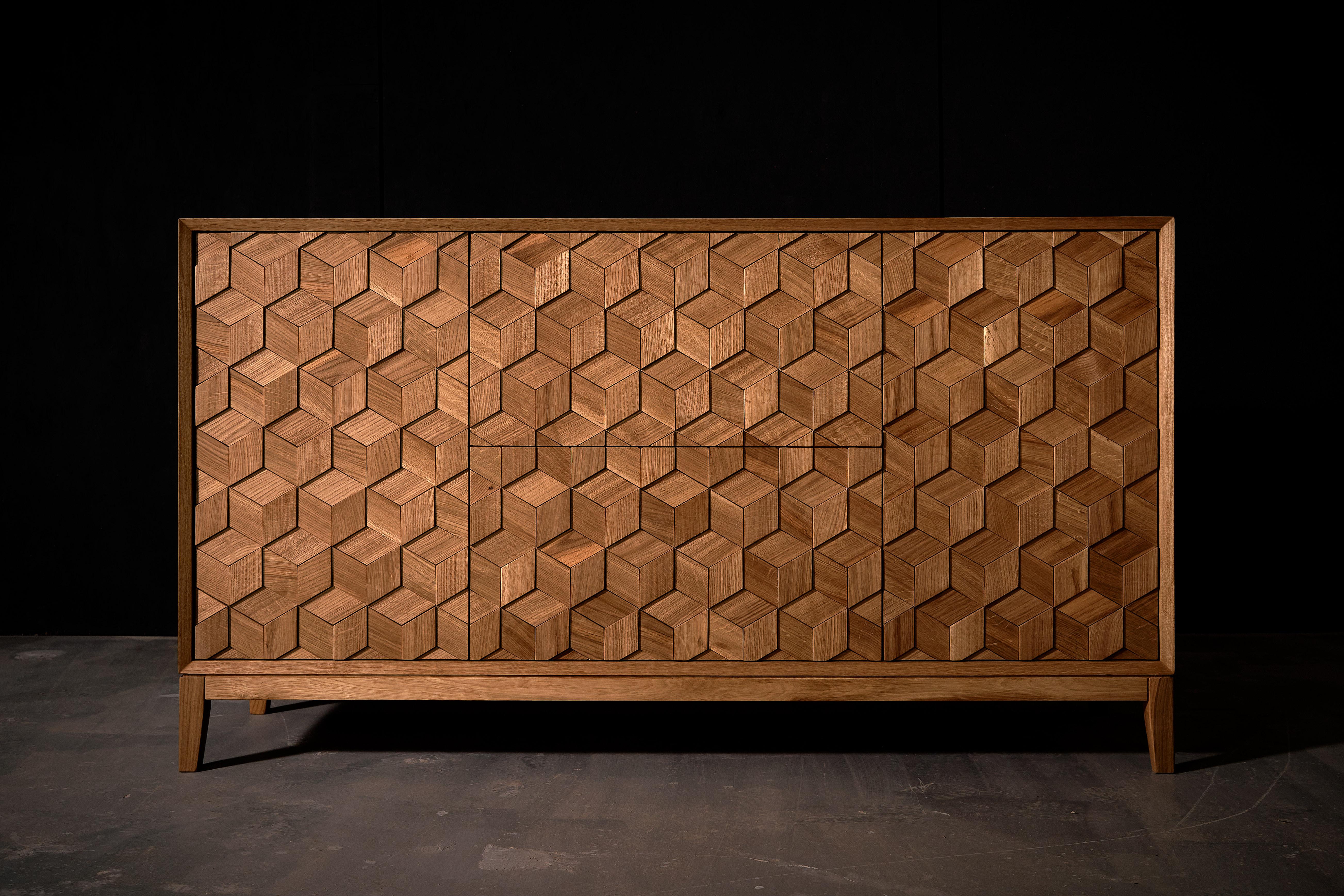 Contemporary Cabinet in Solid Oak with Hexagon Oak Mosaic + 3D Model For Sale 3