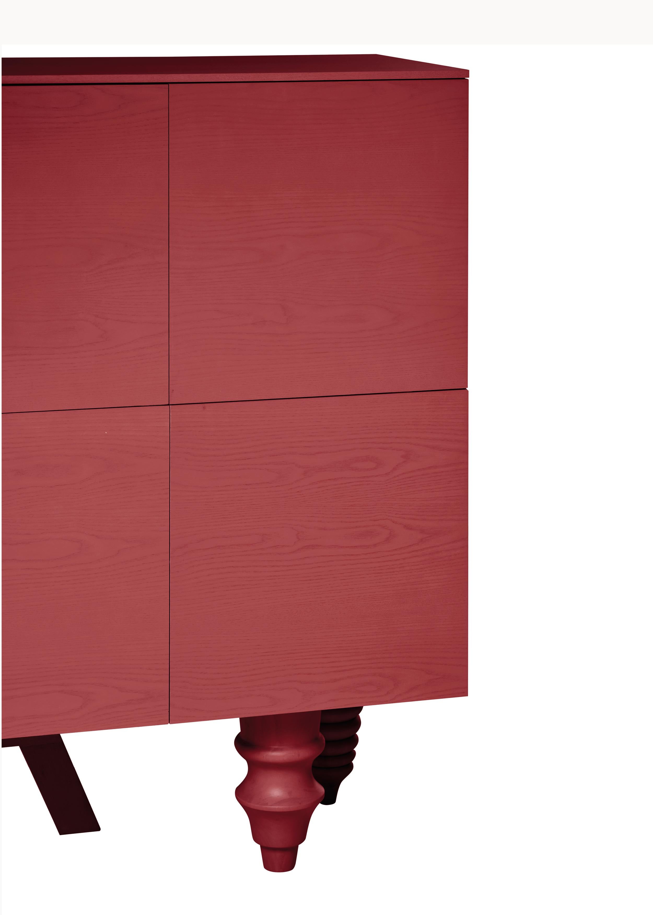 Glass Contemporary Cabinet 'Multileg' by Jaime Hayon, Ash Top, Red, 100 cm For Sale