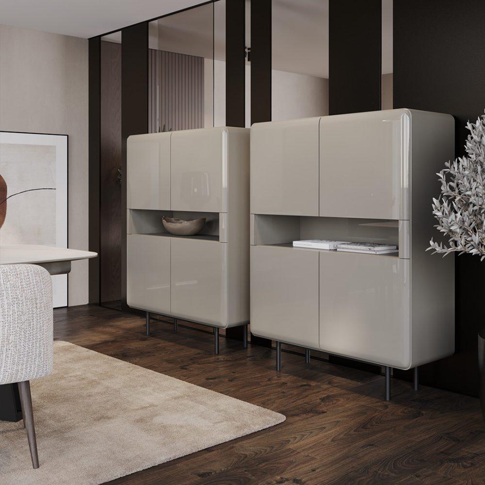 Dieser Esszimmerschrank verbindet Funktionalität mit anpassbarem Design und ist damit eine vielseitige Ergänzung für jeden Raum. Mit vier Türen und einem offenen Regal in der Mitte bietet er reichlich Stauraum für das Wesentliche und ist