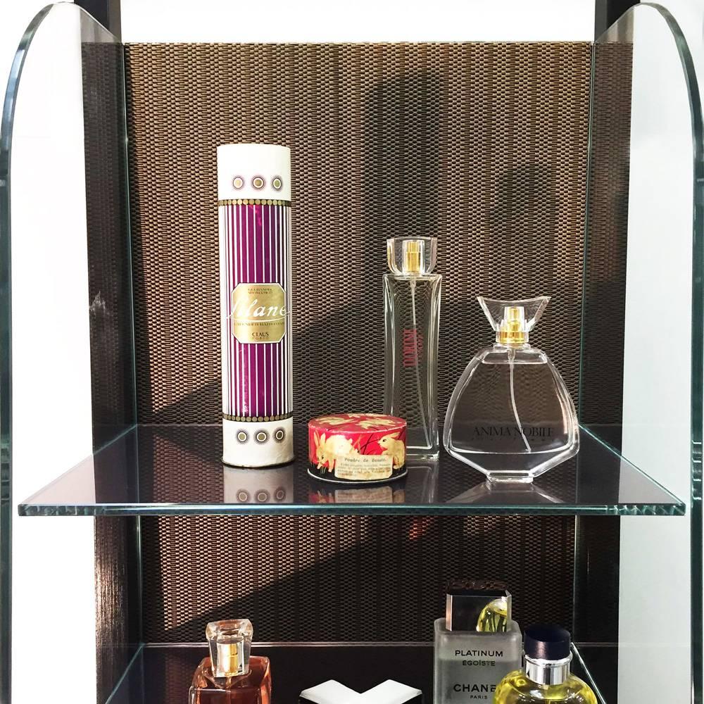 Italian Contemporary Cabinet with Shelves, Perforated Brass and Glass Sides For Sale