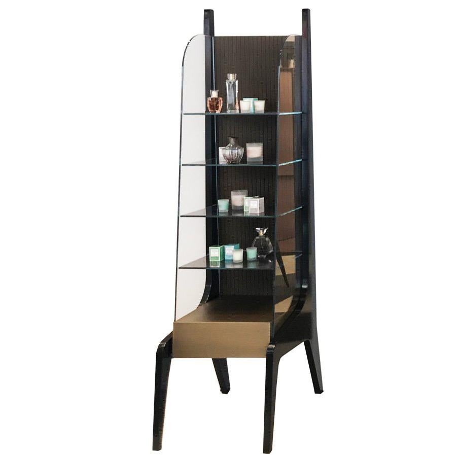 Contemporary Cabinet with Shelves, Perforated Brass and Glass Sides For Sale