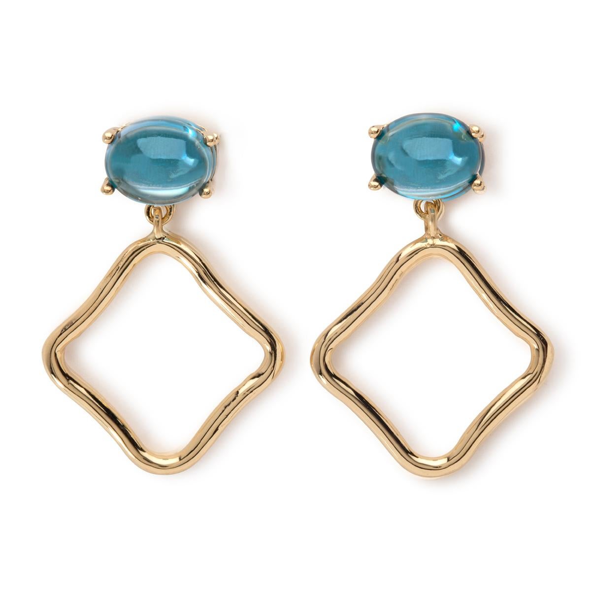 Contemporary Cabochon Blue Topaz 18kt yellow rose Gold Drop hoop long Earrings For Sale 2