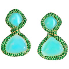 Rosior Einzigartige Chalcedon- und Smaragd-Tropfen-Ohrringe aus Gelbgold